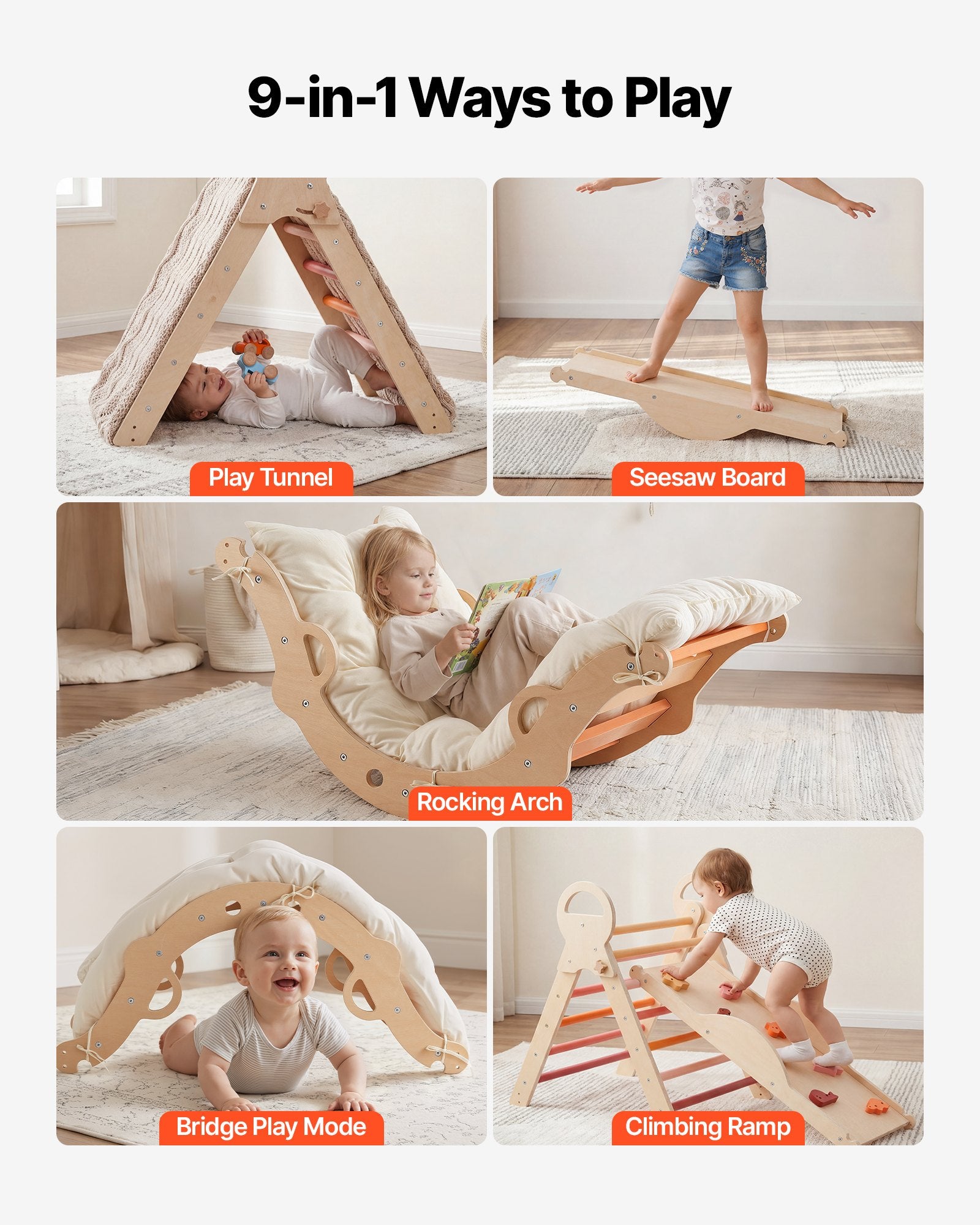 Foldable Montessori Climbing Set for Toddlers: 9-in-1 Pikler Triangle with Wooden Cars, Cushion, Arch & Ramp, 150 lbs Capacity, Easy Setup, Orange