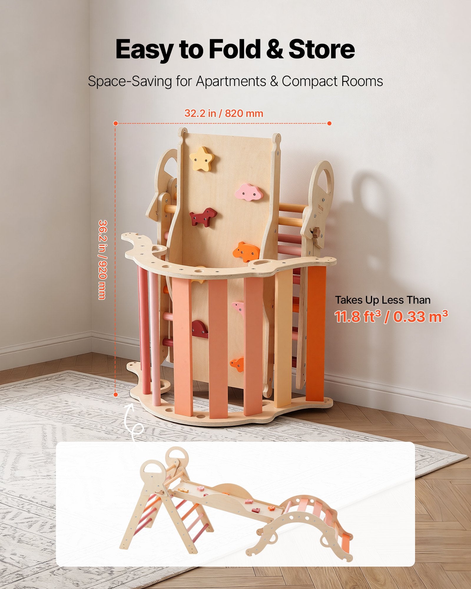 Foldable Montessori Climbing Set for Toddlers: 9-in-1 Pikler Triangle with Wooden Cars, Cushion, Arch & Ramp, 150 lbs Capacity, Easy Setup, Orange