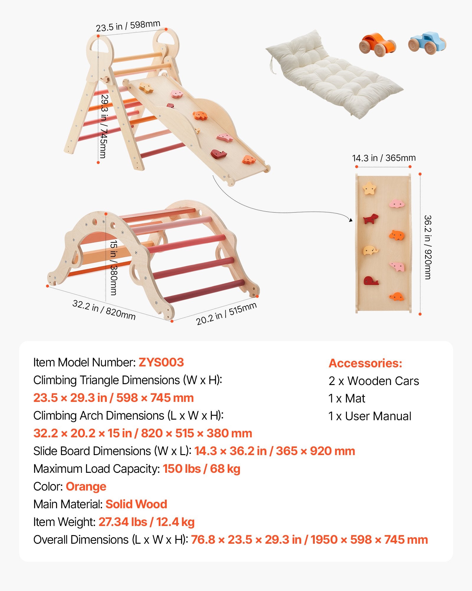 Foldable Montessori Climbing Set for Toddlers: 9-in-1 Pikler Triangle with Wooden Cars, Cushion, Arch & Ramp, 150 lbs Capacity, Easy Setup, Orange