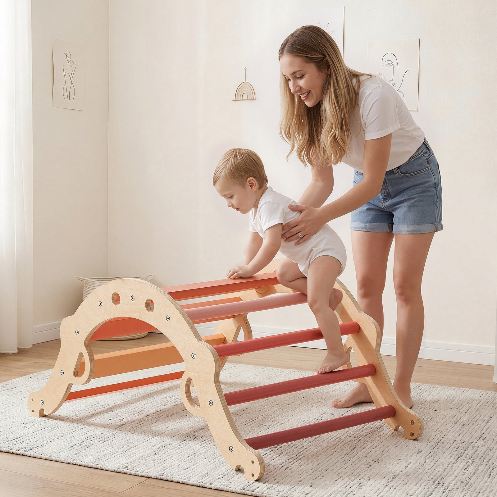 Foldable Montessori Climbing Set for Toddlers: 9-in-1 Pikler Triangle with Wooden Cars, Cushion, Arch & Ramp, 150 lbs Capacity, Easy Setup, Orange