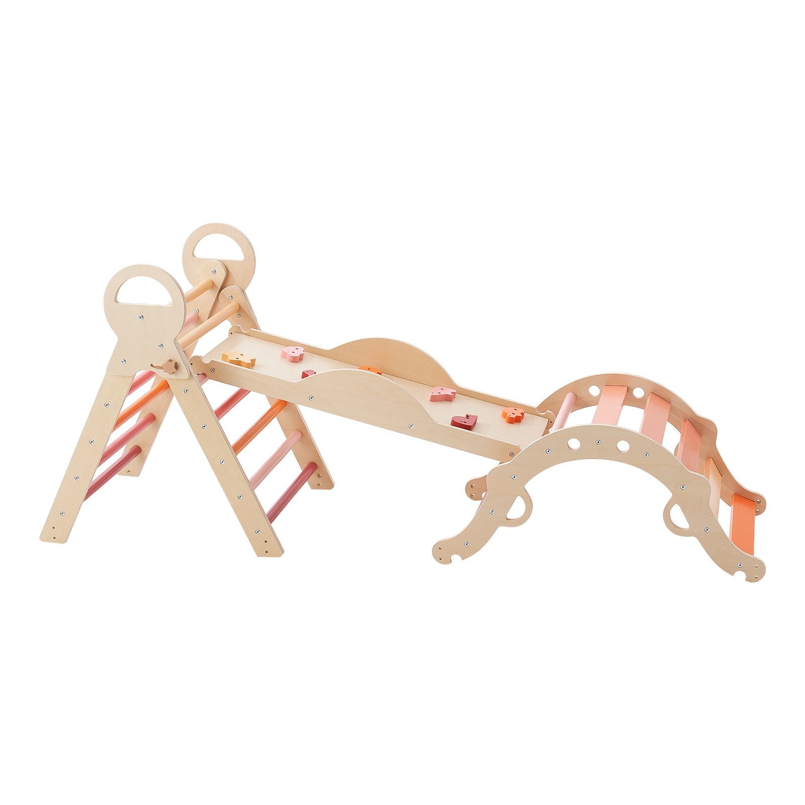 Foldable Montessori Climbing Set for Toddlers: 9-in-1 Pikler Triangle with Wooden Cars, Cushion, Arch & Ramp, 150 lbs Capacity, Easy Setup, Orange
