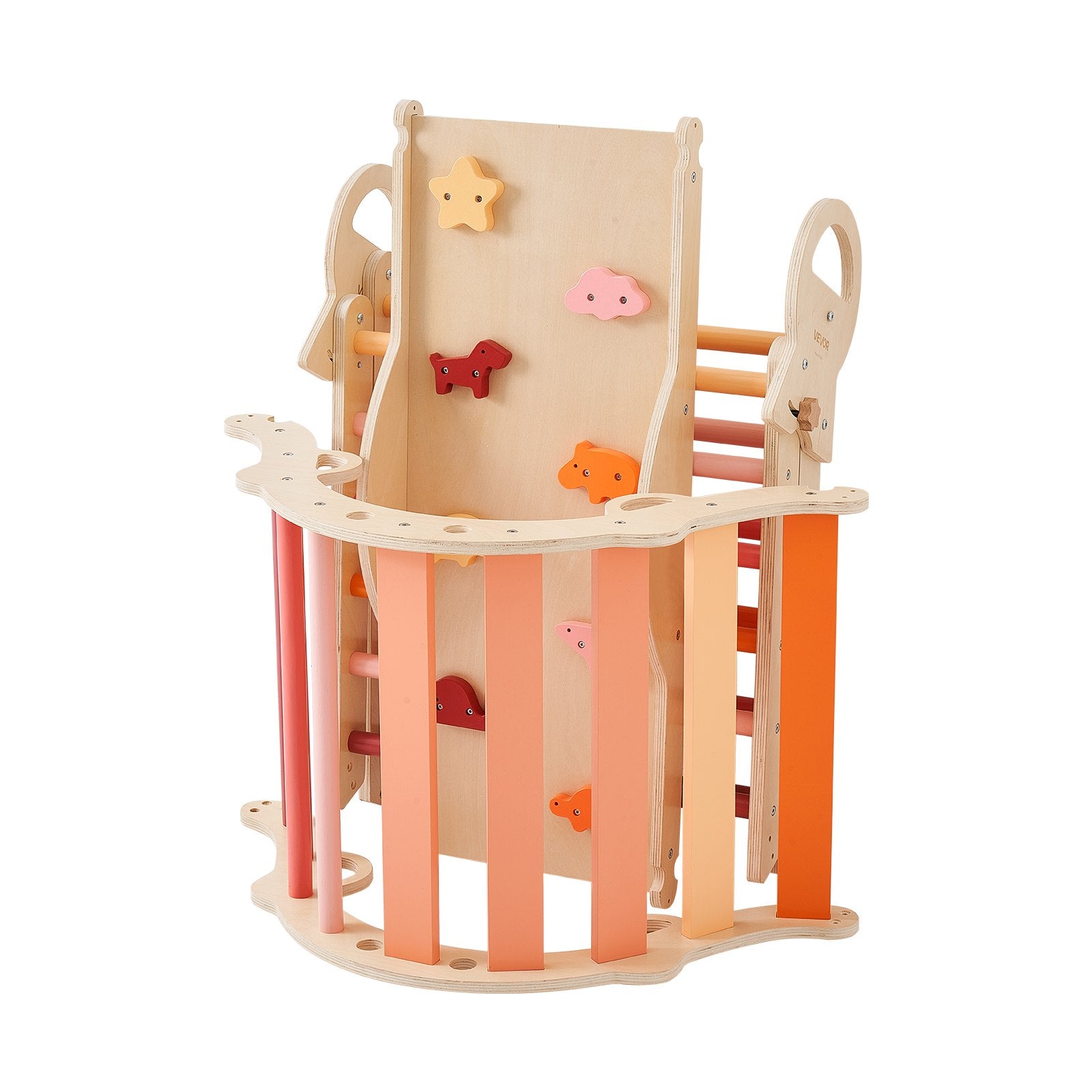Foldable Montessori Climbing Set for Toddlers: 9-in-1 Pikler Triangle with Wooden Cars, Cushion, Arch & Ramp, 150 lbs Capacity, Easy Setup, Orange