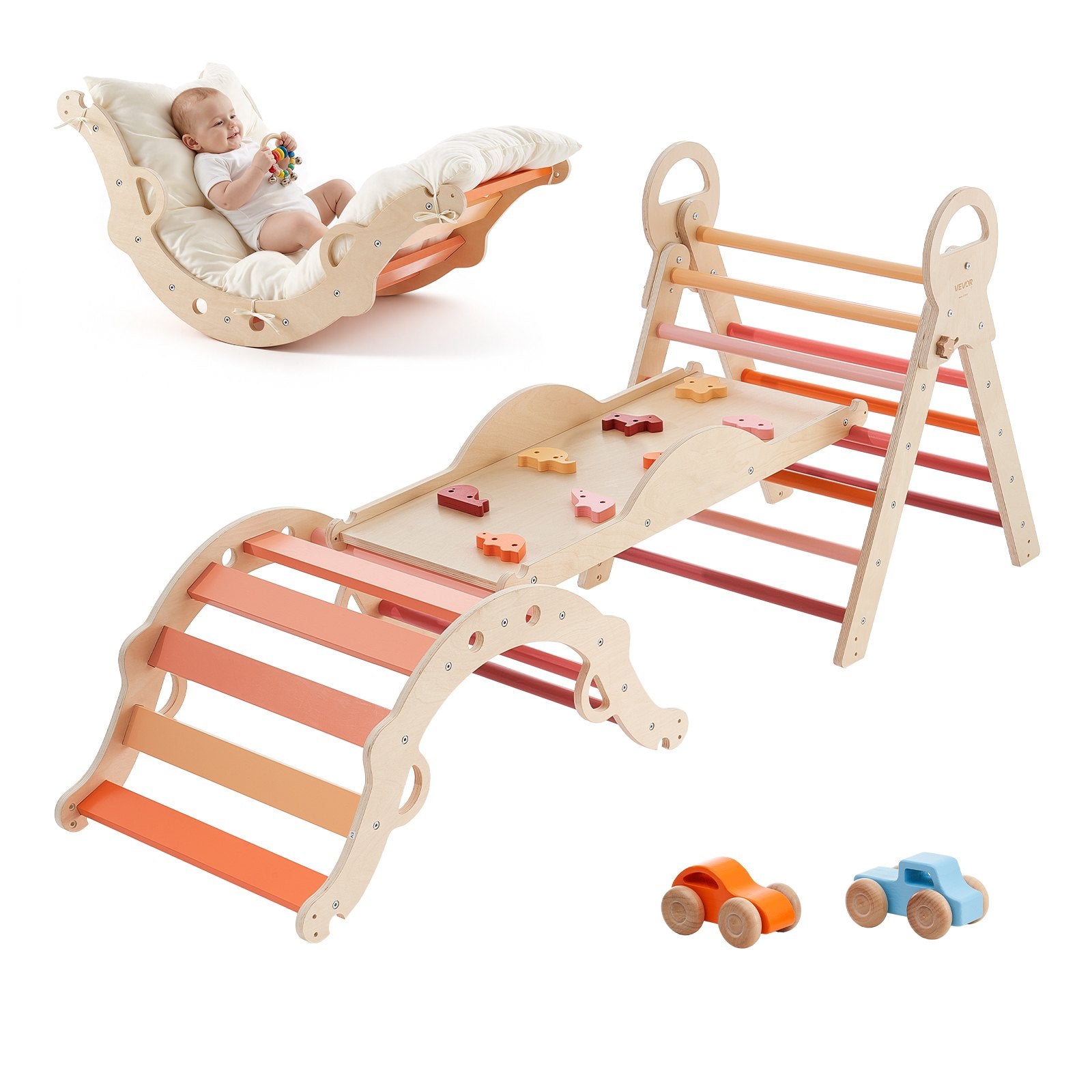 Foldable Montessori Climbing Set for Toddlers: 9-in-1 Pikler Triangle with Wooden Cars, Cushion, Arch & Ramp, 150 lbs Capacity, Easy Setup, Orange