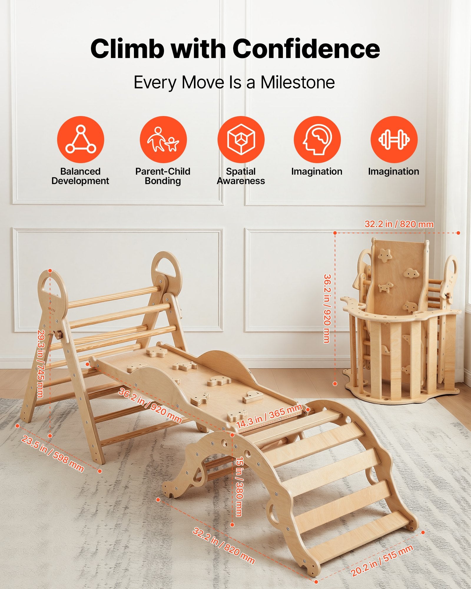 9-in-1 Pikler Triangle Climbing Set for Toddlers with Wooden Cars, Cushion, Foldable Montessori Gym, 150 lbs Load, Indoor Play Equipment