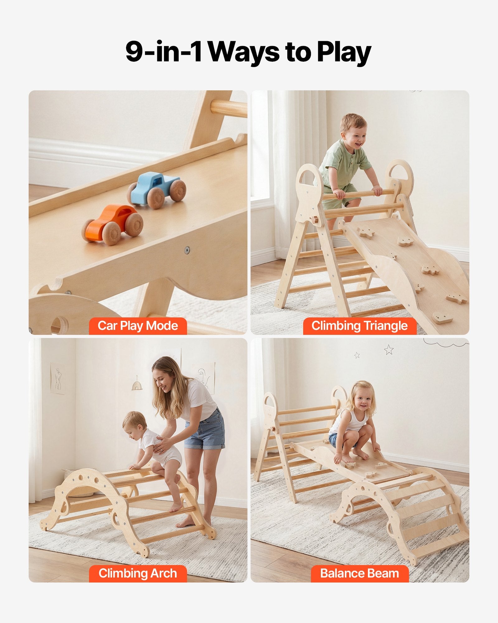 9-in-1 Pikler Triangle Climbing Set for Toddlers with Wooden Cars, Cushion, Foldable Montessori Gym, 150 lbs Load, Indoor Play Equipment