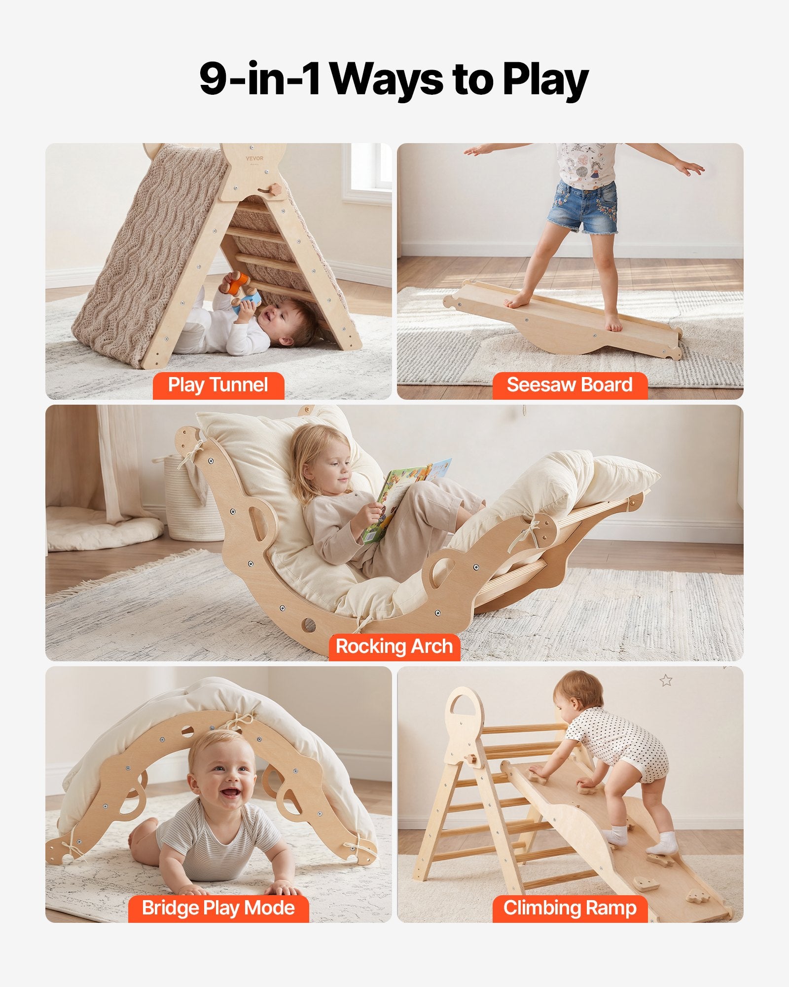 9-in-1 Pikler Triangle Climbing Set for Toddlers with Wooden Cars, Cushion, Foldable Montessori Gym, 150 lbs Load, Indoor Play Equipment