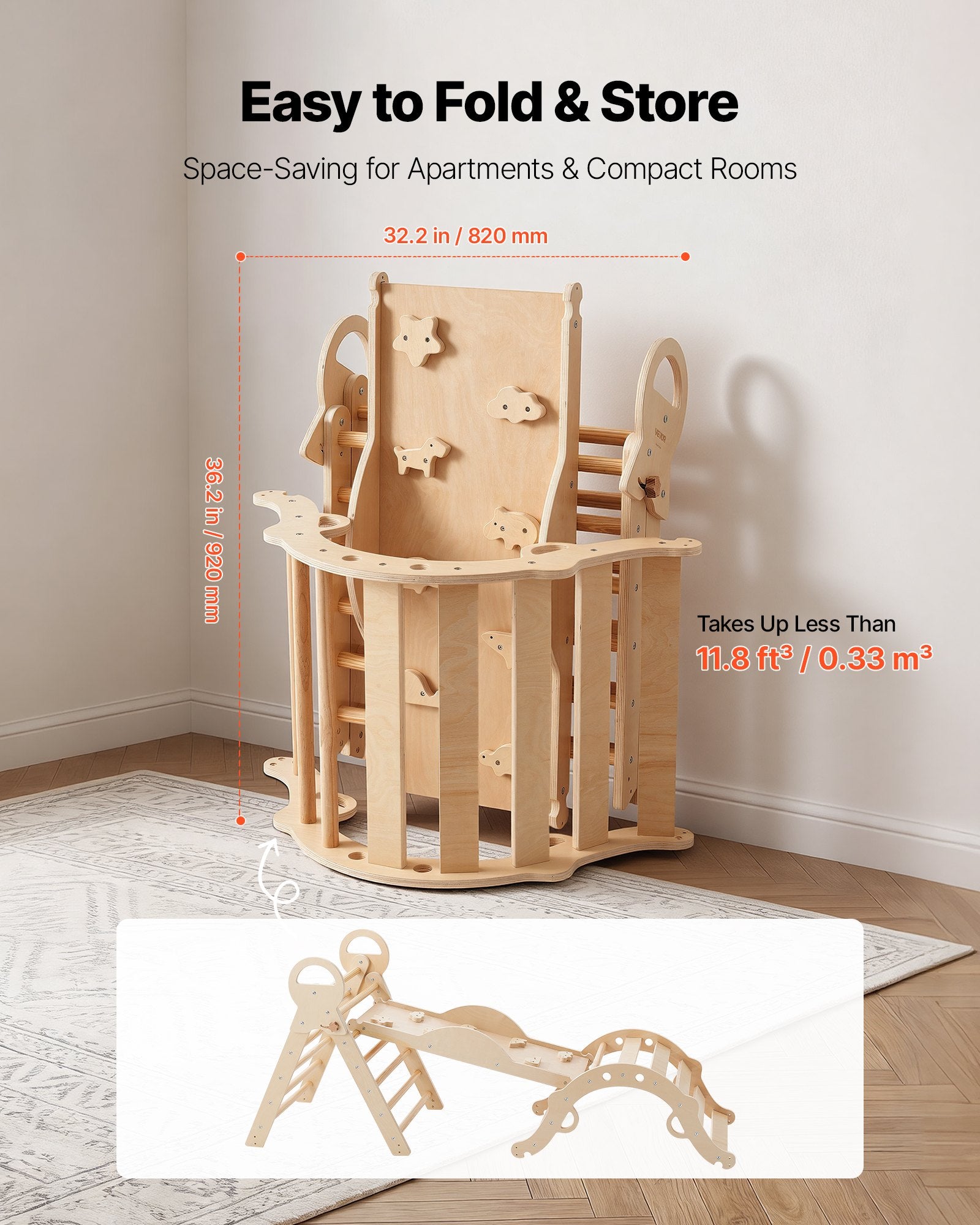 9-in-1 Pikler Triangle Climbing Set for Toddlers with Wooden Cars, Cushion, Foldable Montessori Gym, 150 lbs Load, Indoor Play Equipment