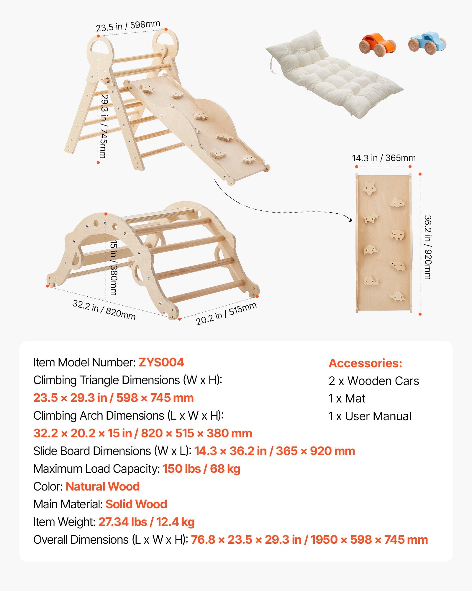 9-in-1 Pikler Triangle Climbing Set for Toddlers with Wooden Cars, Cushion, Foldable Montessori Gym, 150 lbs Load, Indoor Play Equipment