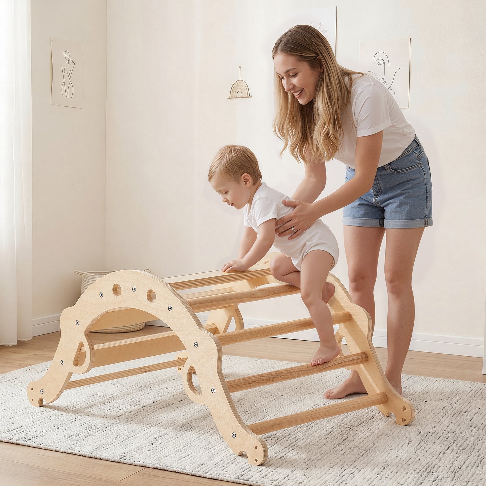 9-in-1 Pikler Triangle Climbing Set for Toddlers with Wooden Cars, Cushion, Foldable Montessori Gym, 150 lbs Load, Indoor Play Equipment