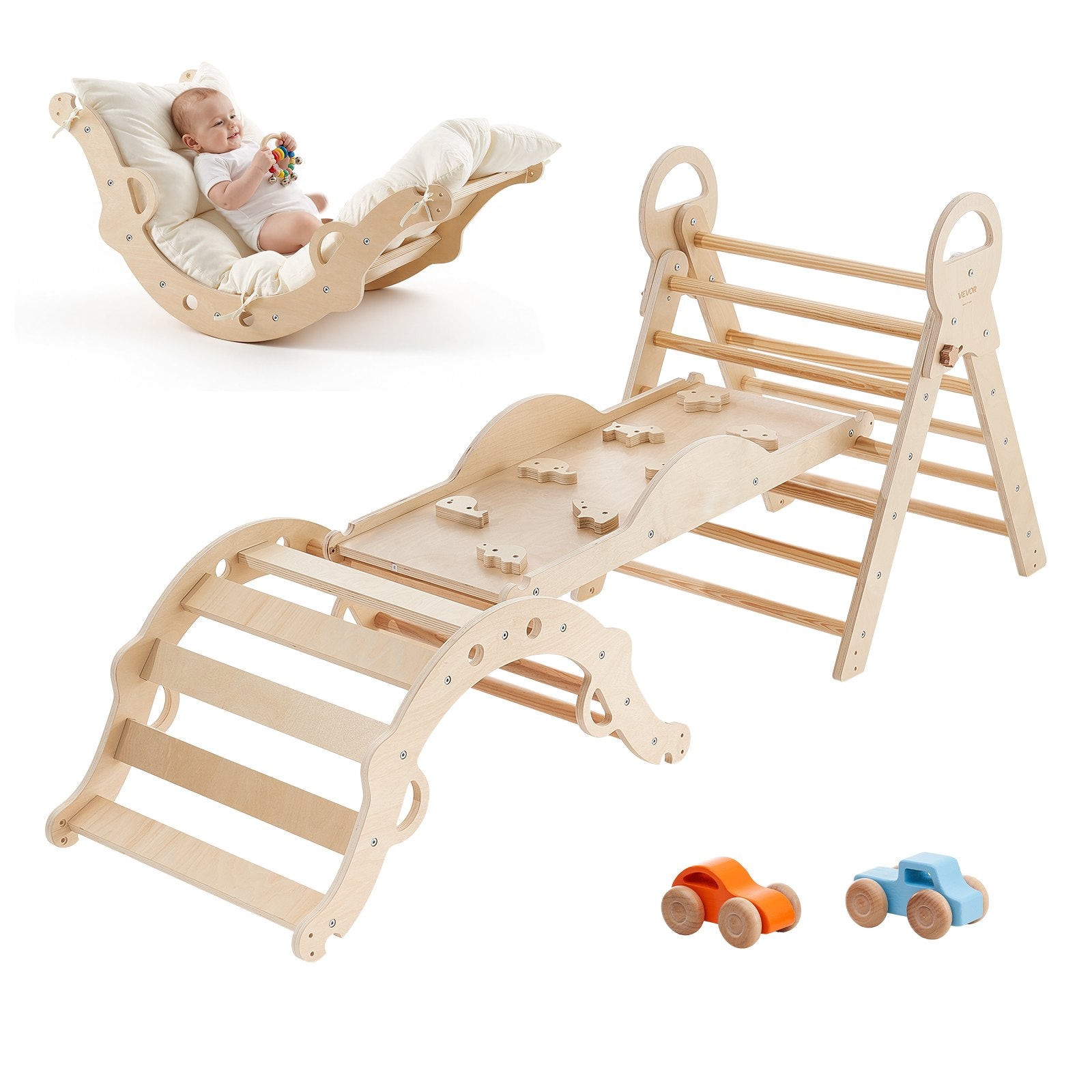 9-in-1 Pikler Triangle Climbing Set for Toddlers with Wooden Cars, Cushion, Foldable Montessori Gym, 150 lbs Load, Indoor Play Equipment