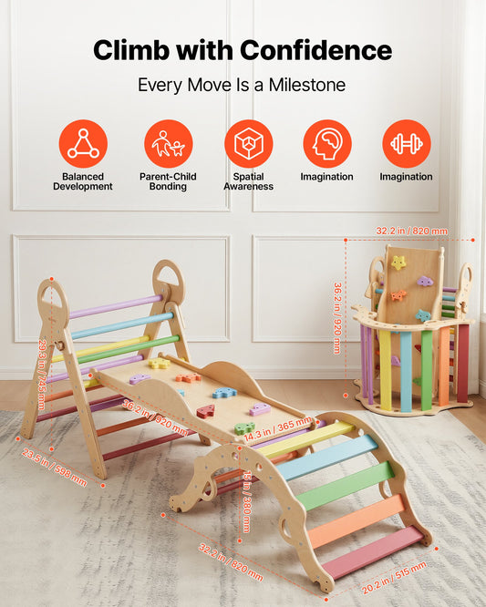 9-in-1 Pikler Triangle Playset for Toddlers, Foldable Indoor Climber with Xylophone, Ramp, Arch, Cushion, Montessori Fun