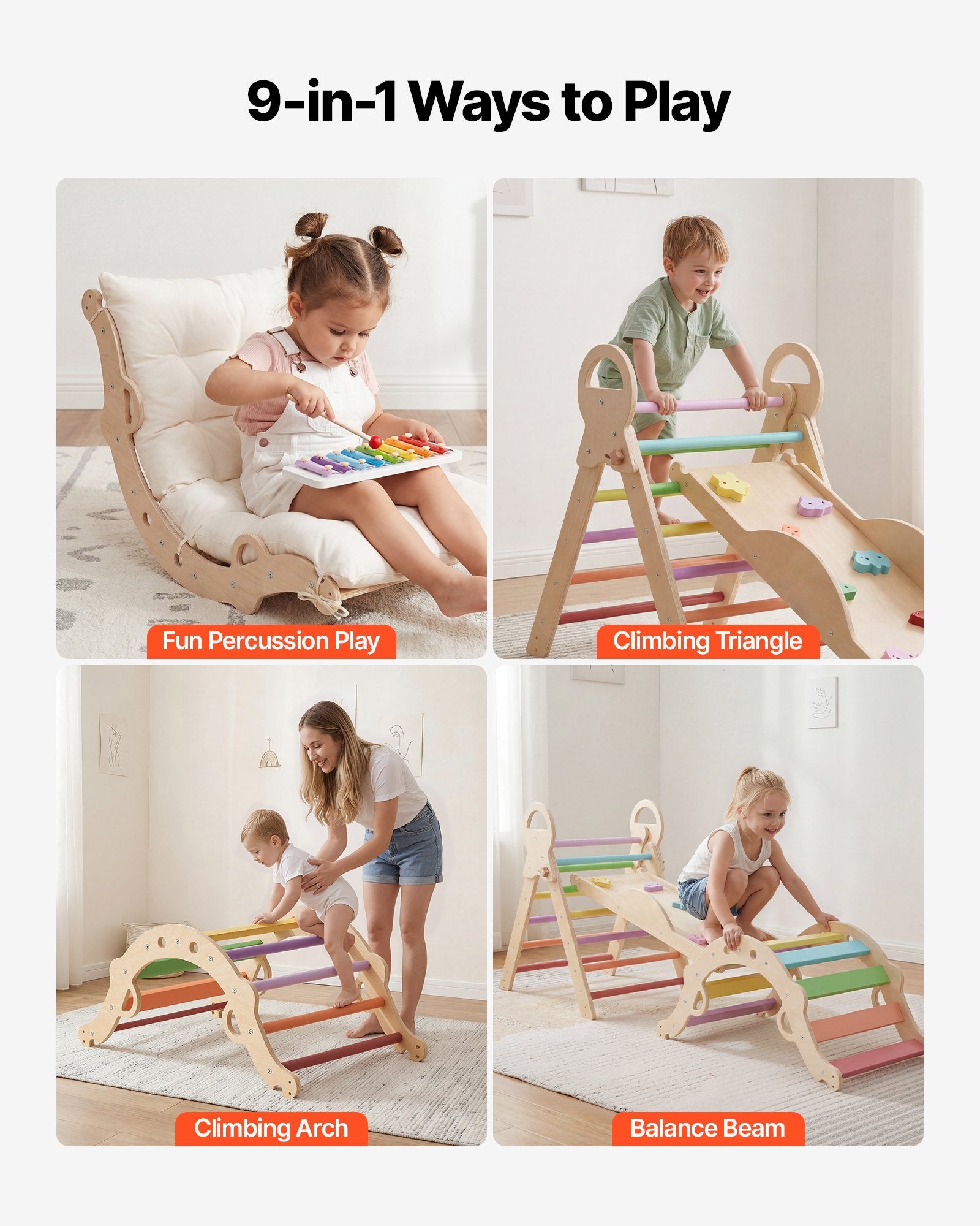 9-in-1 Pikler Triangle Playset for Toddlers, Foldable Indoor Climber with Xylophone, Ramp, Arch, Cushion, Montessori Fun