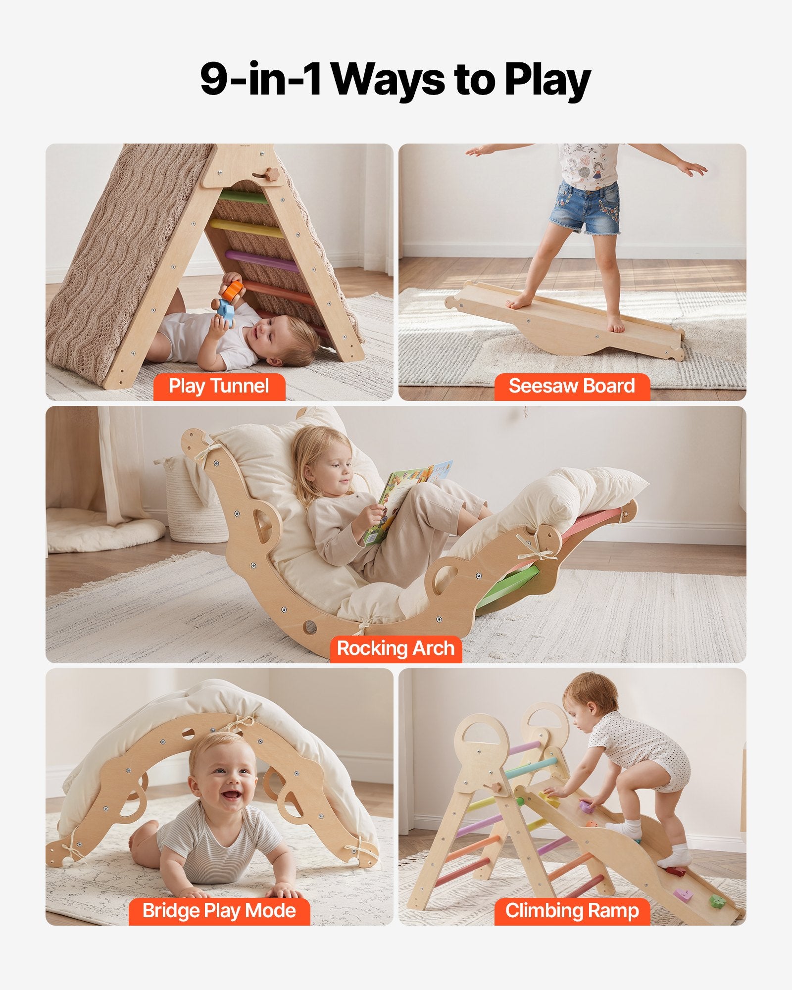 9-in-1 Pikler Triangle Playset for Toddlers, Foldable Indoor Climber with Xylophone, Ramp, Arch, Cushion, Montessori Fun