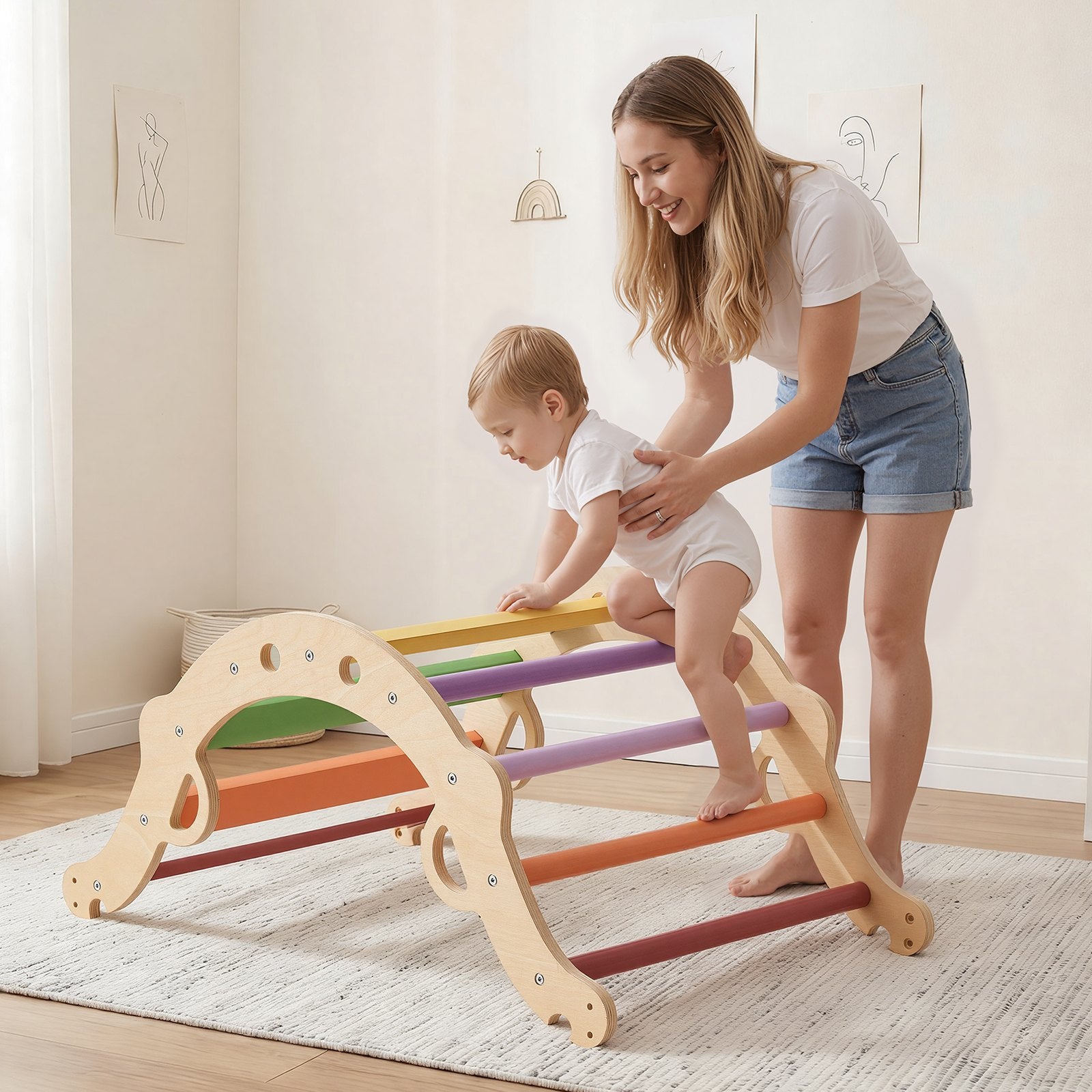 9-in-1 Pikler Triangle Playset for Toddlers, Foldable Indoor Climber with Xylophone, Ramp, Arch, Cushion, Montessori Fun