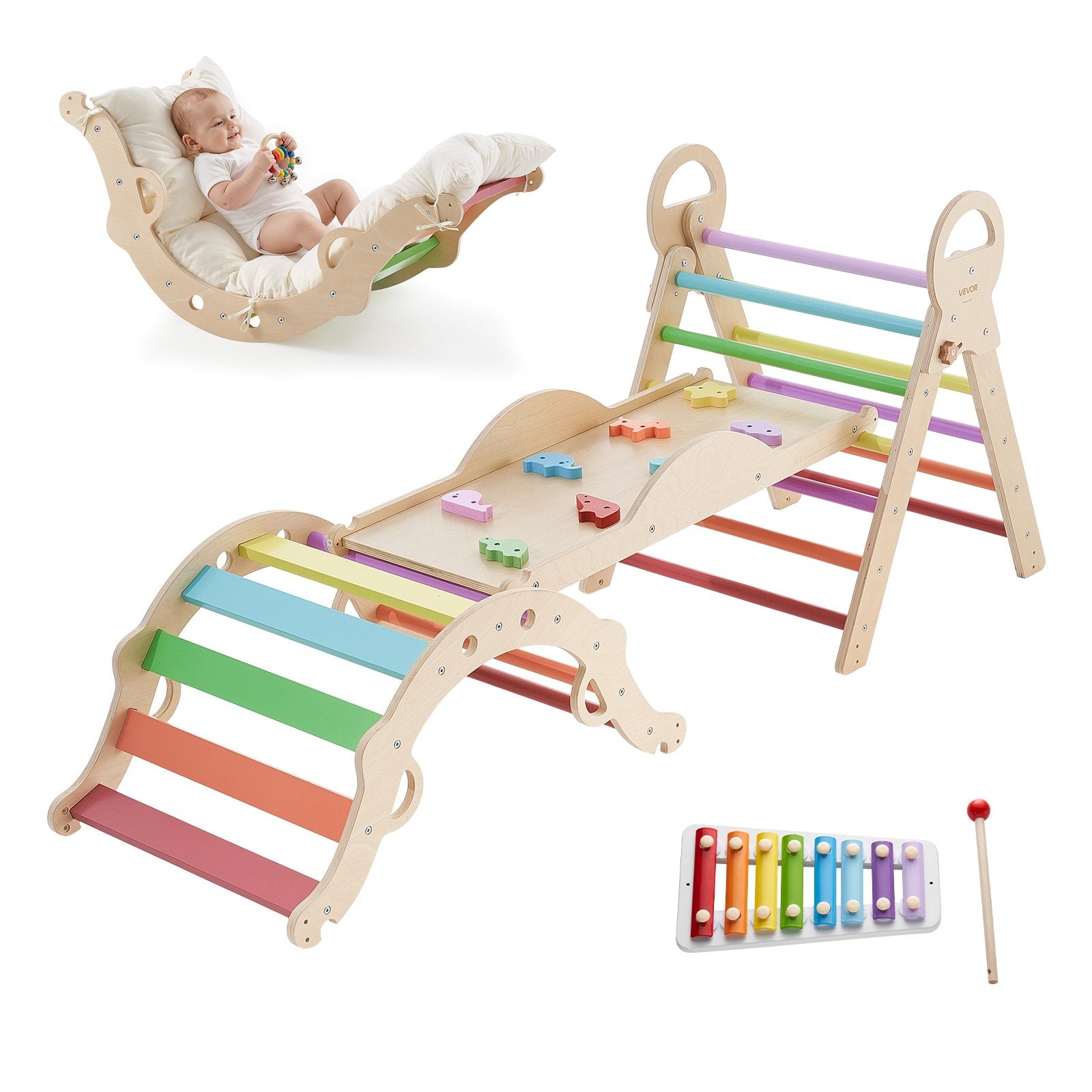 9-in-1 Pikler Triangle Playset for Toddlers, Foldable Indoor Climber with Xylophone, Ramp, Arch, Cushion, Montessori Fun
