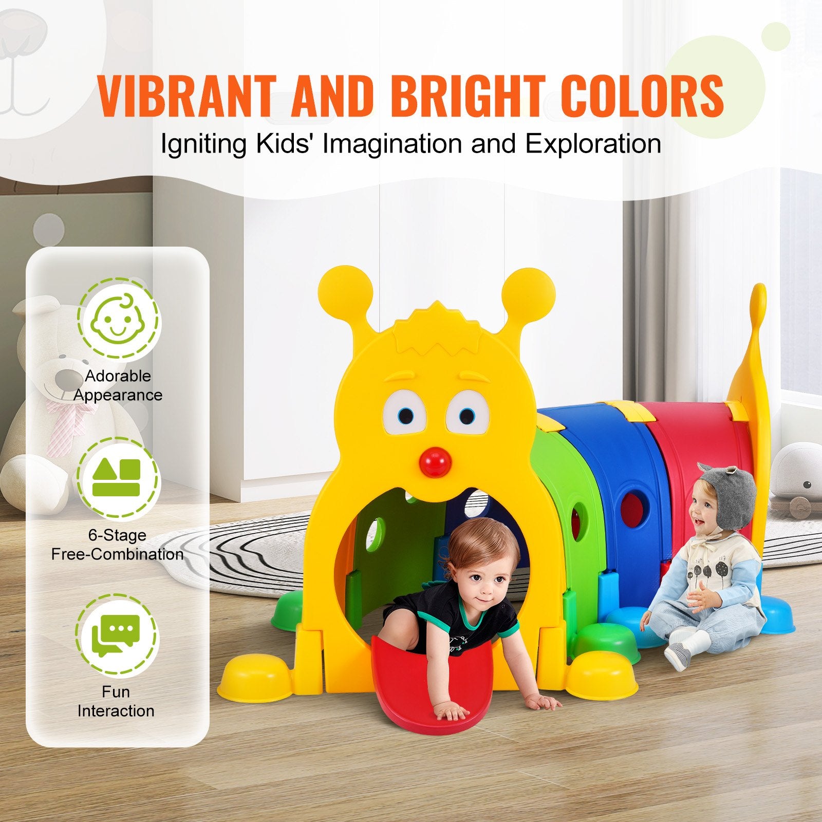 Vibrant Caterpillar Tunnel for Kids: Indoor & Outdoor Play Equipment, Crawling Adventure for Toddlers, Preschool Daycare Fun, Safe HDPE, Ages 3+