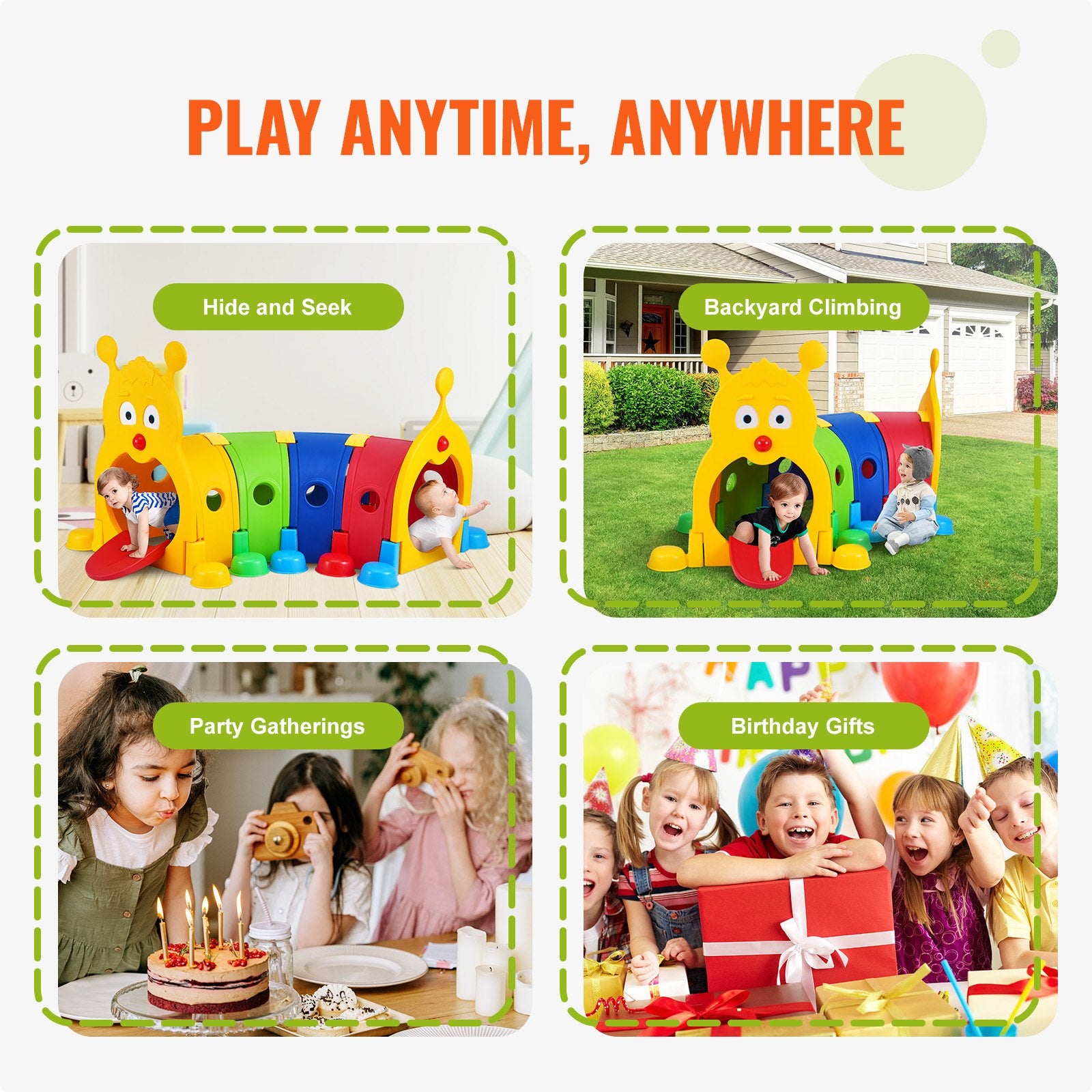 Vibrant Caterpillar Tunnel for Kids: Indoor & Outdoor Play Equipment, Crawling Adventure for Toddlers, Preschool Daycare Fun, Safe HDPE, Ages 3+