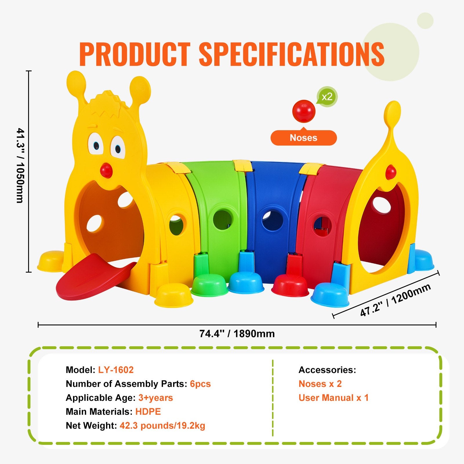 Vibrant Caterpillar Tunnel for Kids: Indoor & Outdoor Play Equipment, Crawling Adventure for Toddlers, Preschool Daycare Fun, Safe HDPE, Ages 3+