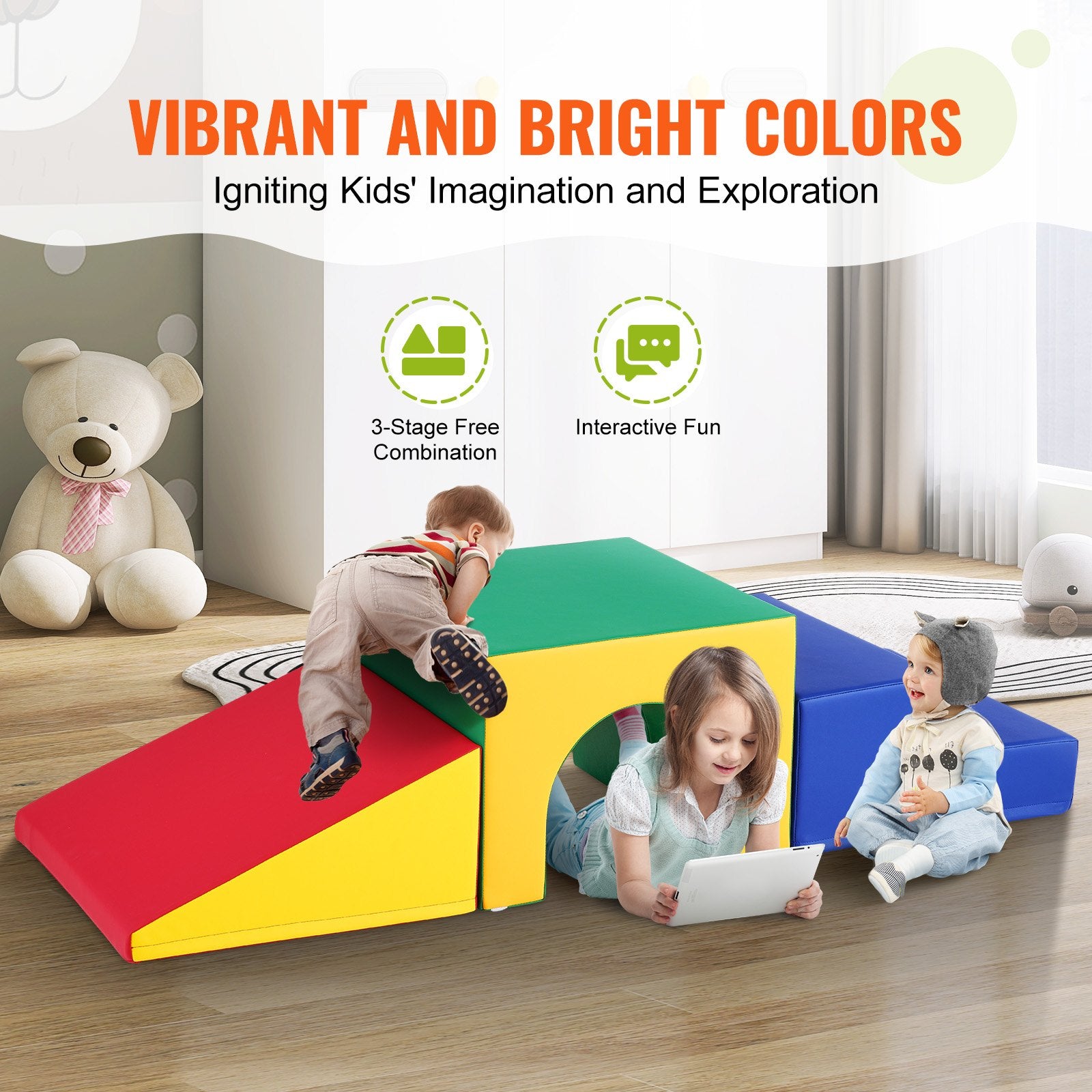 Toddler Indoor Playset - Foam Climbing Blocks with Tunnel Maze, Stairs & Ramp, Easy to Clean, Safe & Durable for Ages 3+, 3-Piece Assorted Set