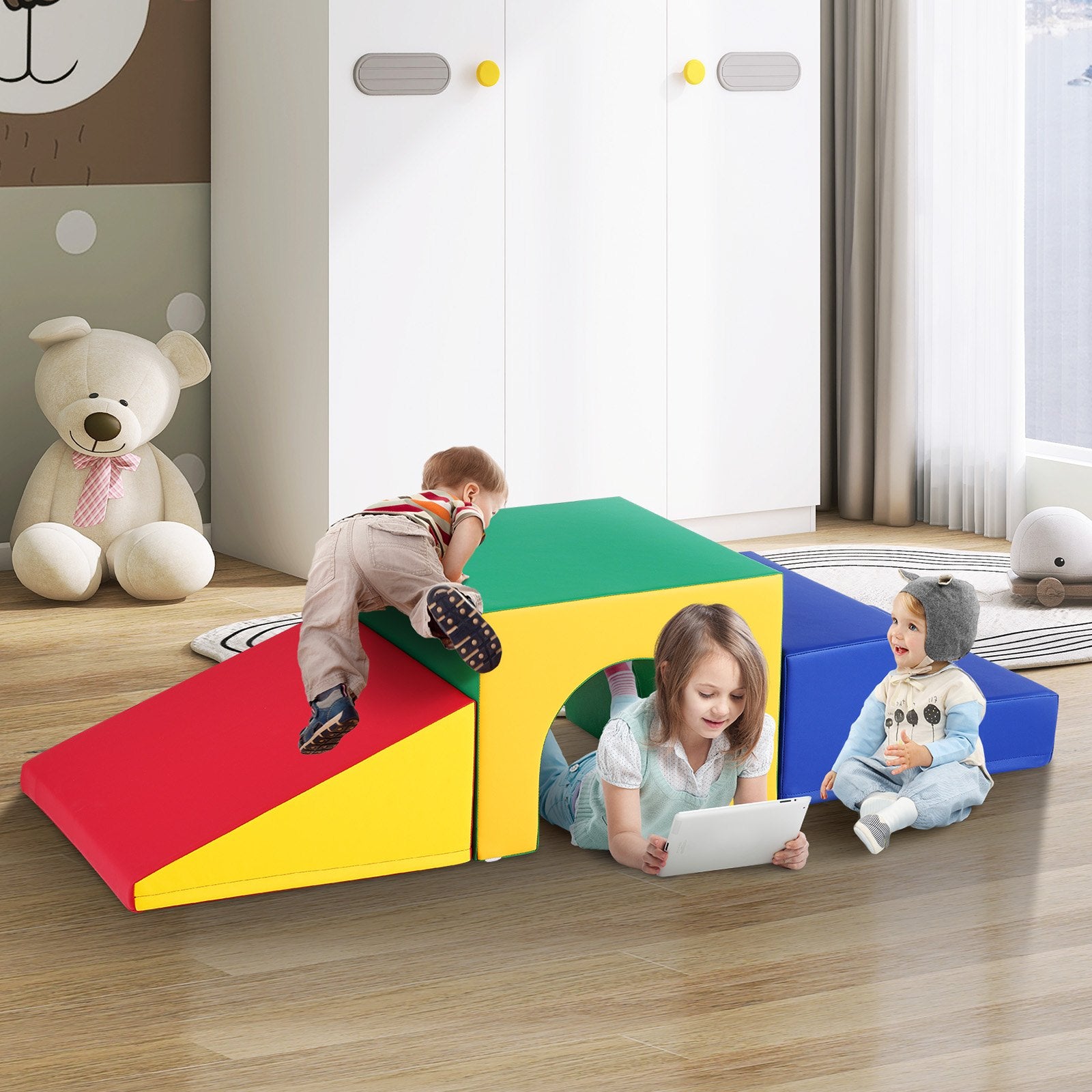 Toddler Indoor Playset - Foam Climbing Blocks with Tunnel Maze, Stairs & Ramp, Easy to Clean, Safe & Durable for Ages 3+, 3-Piece Assorted Set