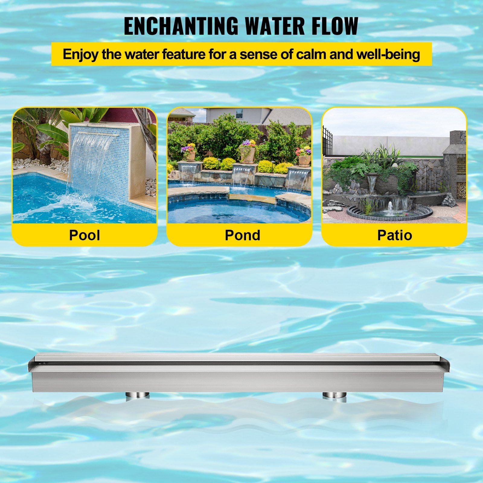 Stainless Steel Pool Waterfall Fountain - 59.4"x4.5"x3.1" Spillway for Garden & Outdoor, DIY Setup with Connectors, Constant Flow