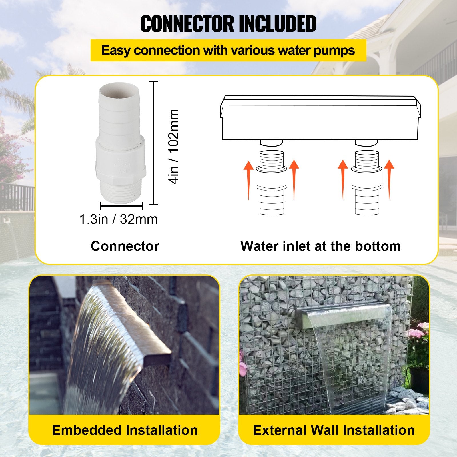 Stainless Steel Pool Waterfall Fountain - 59.4"x4.5"x3.1" Spillway for Garden & Outdoor, DIY Setup with Connectors, Constant Flow