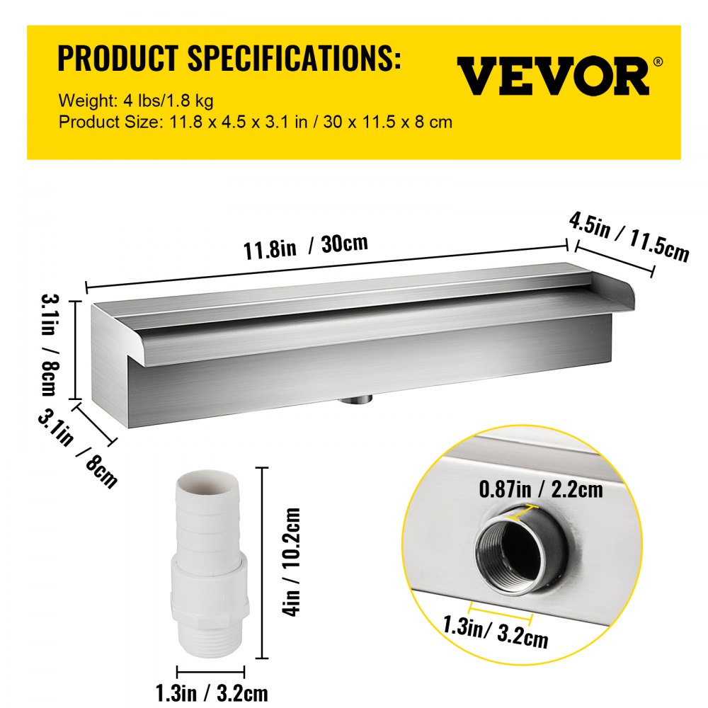 VEVOR Patiolife Pool Fountain Stainless Steel Pool Waterfall 11.8" x 4.5" x 3.1"(W x D x H) Waterfall Spillway Rectangular Garden Outdoor
