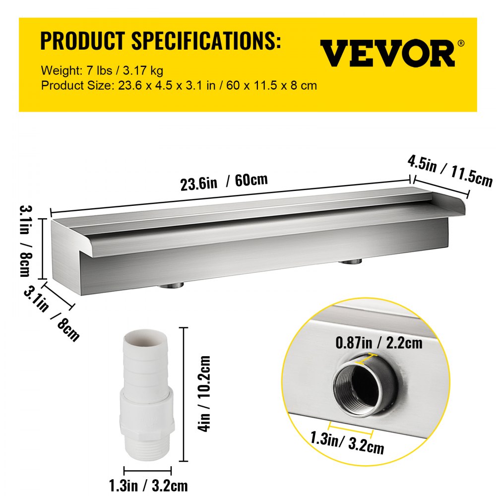 VEVOR Patiolife Pool Fountain Stainless Steel Pool Waterfall 23.6" x 4.5" x 3.1"(W x D x H) Waterfall Spillway Rectangular Garden Outdoor