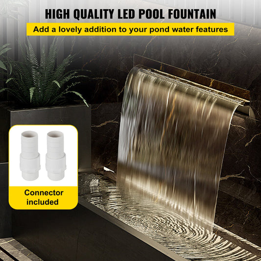 Stainless Steel Pool Fountain with LED, 23.6" Spillway for Garden, Outdoor Waterfall Feature, Remote Control, DIY Setup, RGB Lights