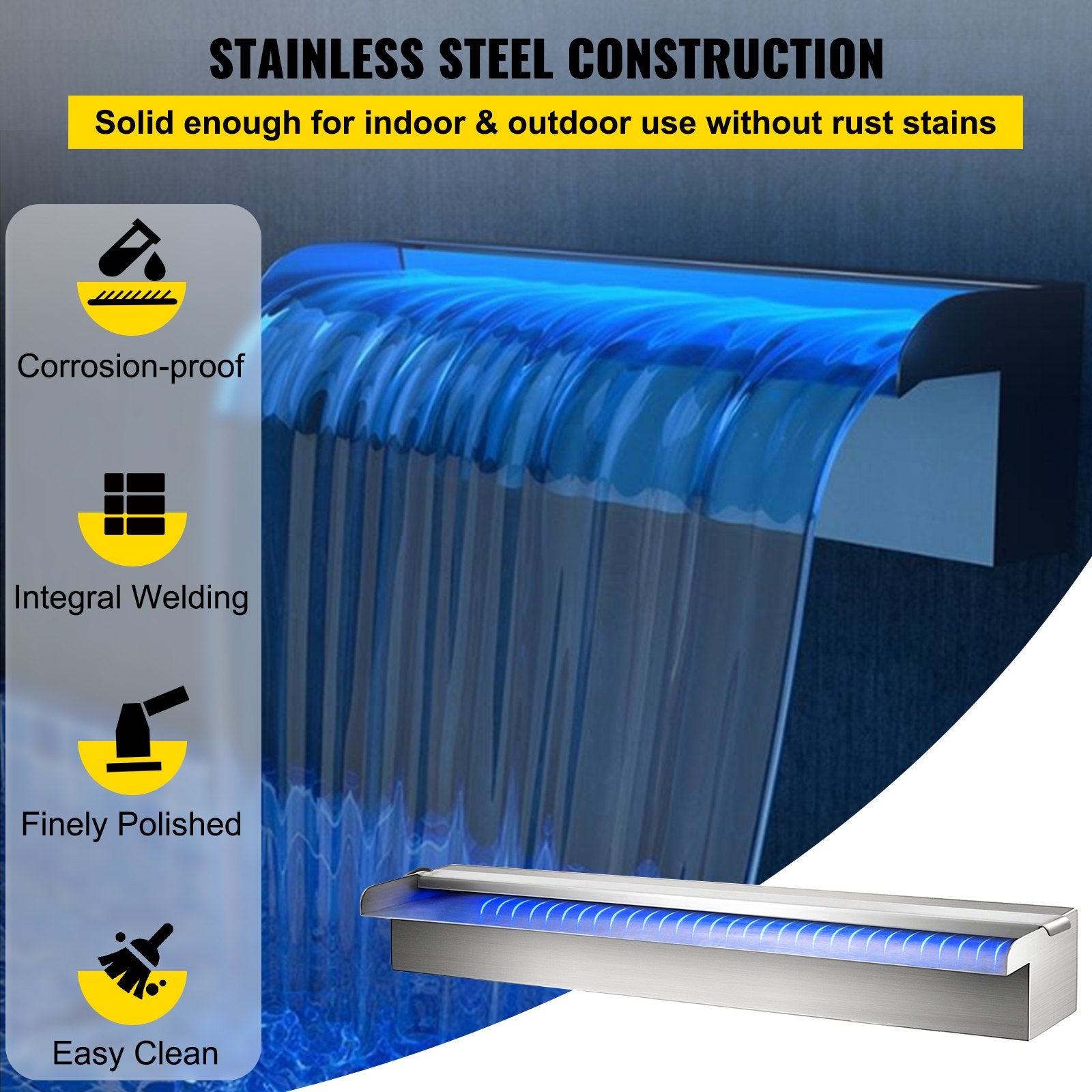 Stainless Steel Pool Fountain with LED, 23.6" Spillway for Garden, Outdoor Waterfall Feature, Remote Control, DIY Setup, RGB Lights