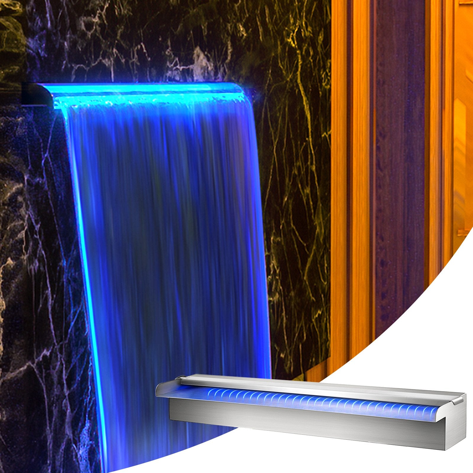 Stainless Steel Pool Fountain with LED, 23.6" Spillway for Garden, Outdoor Waterfall Feature, Remote Control, DIY Setup, RGB Lights