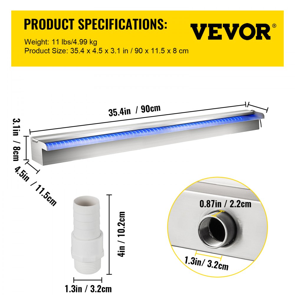 VEVOR Pool Fountain Stainless Steel Pool Waterfall 35.4\" x 4.5\" x 3.1\"(W x D x H) with LED Strip Light Waterfall Spillway with Pipe Connector Rectangular Garden Outdoor
