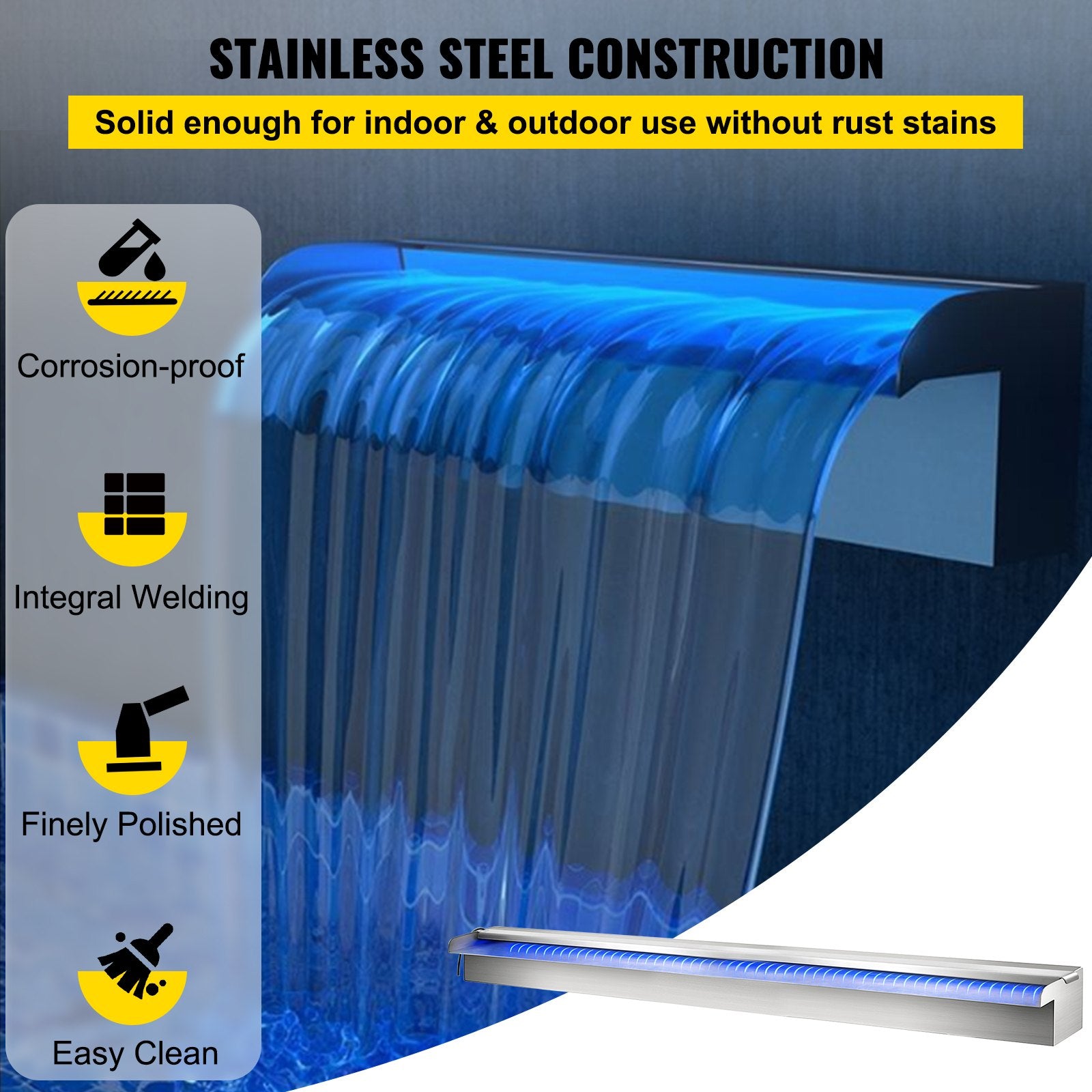 Stainless Steel Pool Waterfall with LED Lights - 35.4" Spillway for Outdoor Gardens, DIY Setup, Constant Flow & Remote Control