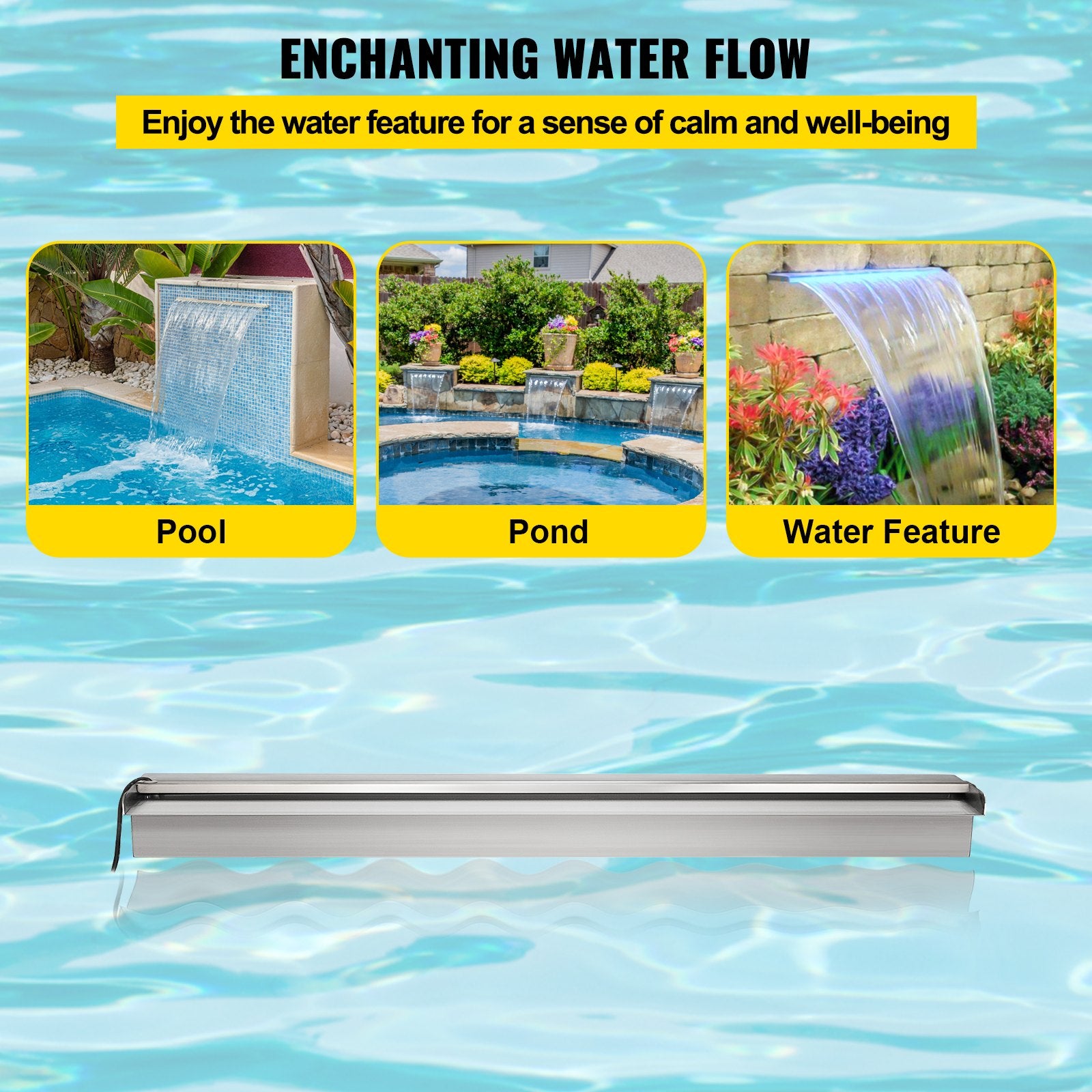 Stainless Steel Pool Waterfall with LED Lights - 35.4" Spillway for Outdoor Gardens, DIY Setup, Constant Flow & Remote Control