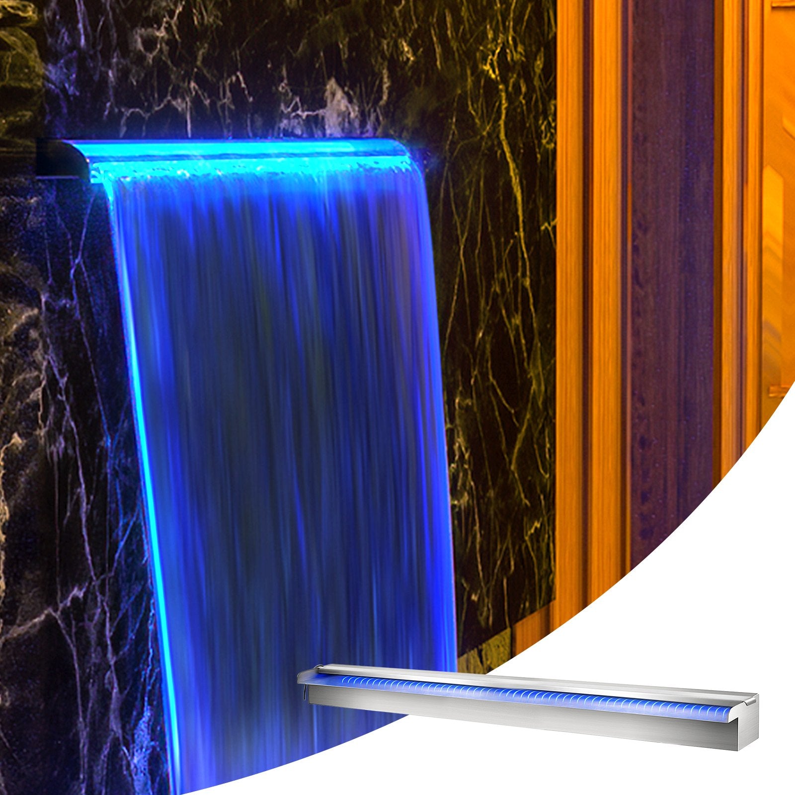 Stainless Steel Pool Waterfall with LED Lights - 35.4" Spillway for Outdoor Gardens, DIY Setup, Constant Flow & Remote Control
