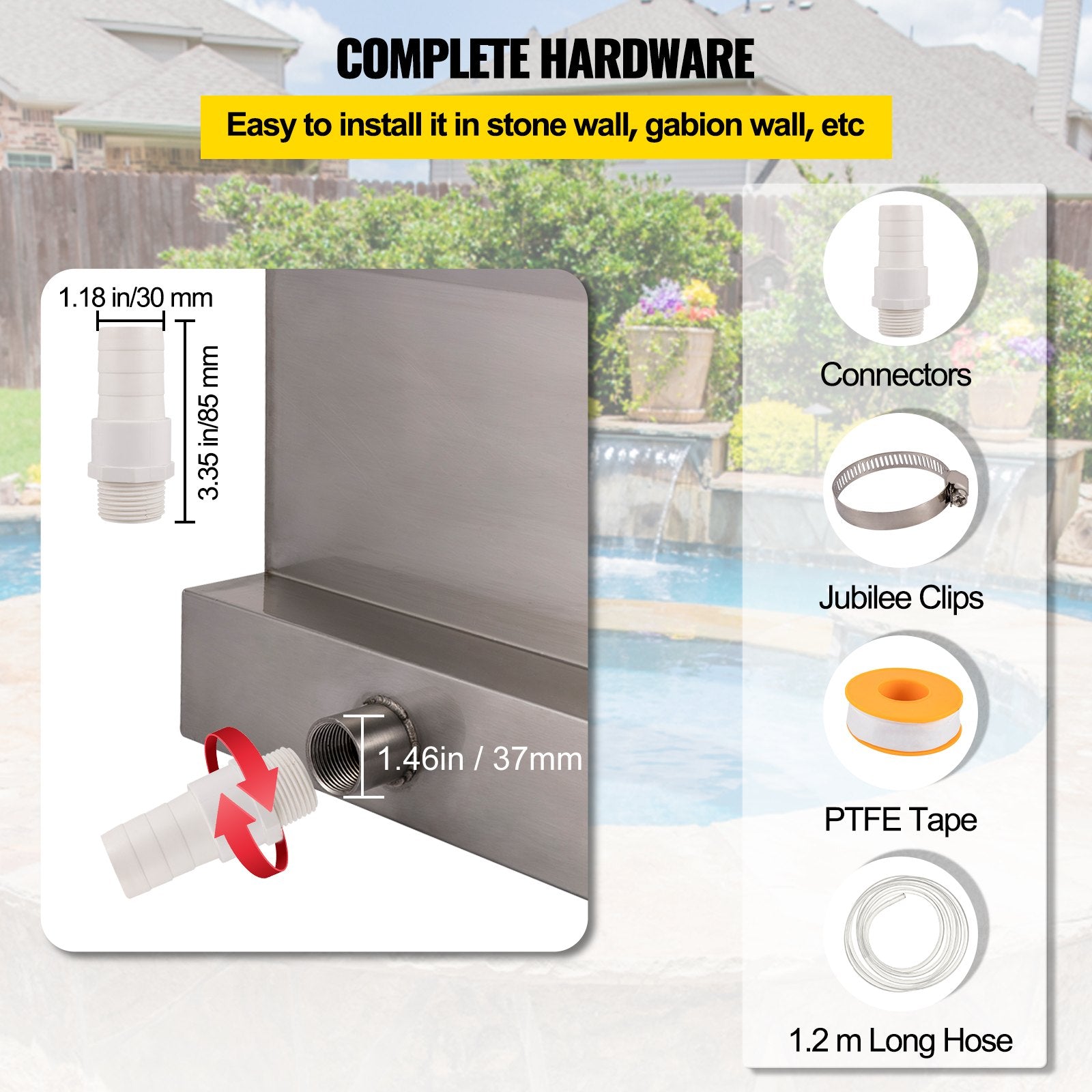 30cm Stainless Steel Waterfall Blade Spillway Kit with Connector, Hose, Clamp & Tape for Koi Fish Pond & Pool Water Features