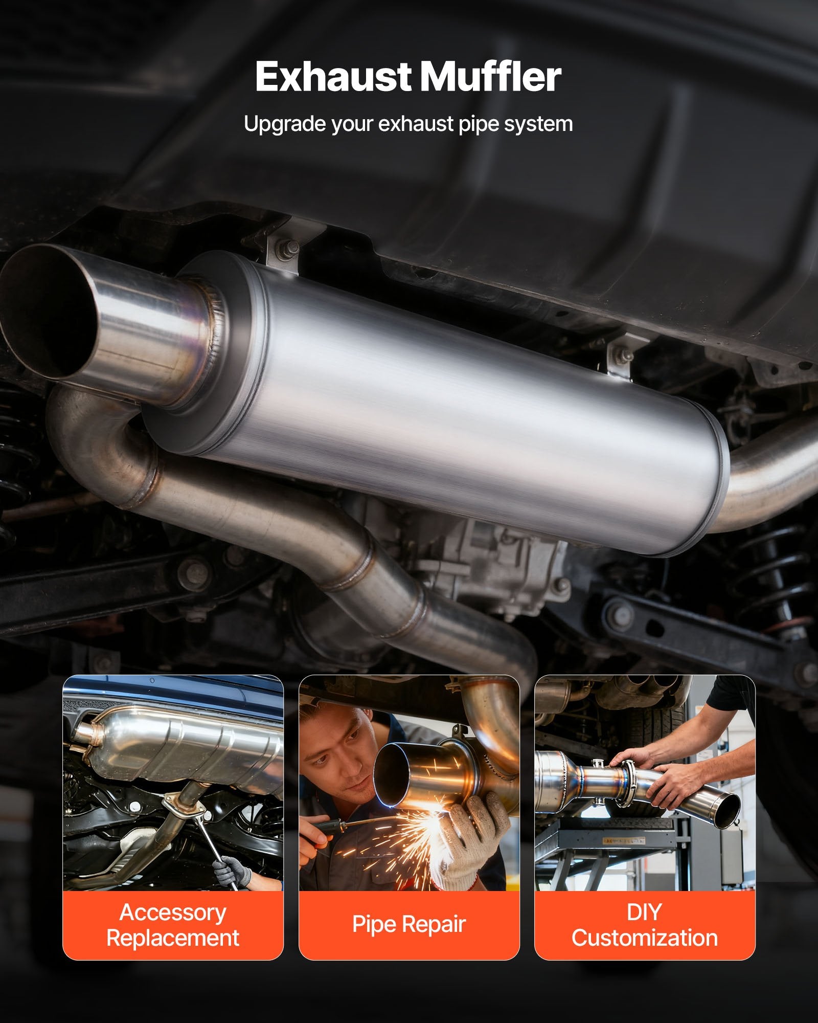 Universal Stainless Steel Exhaust Muffler with 4" Inlet/Outlet, 30" Length - High Performance for Trucks, Sedans, Sports Cars & SUVs