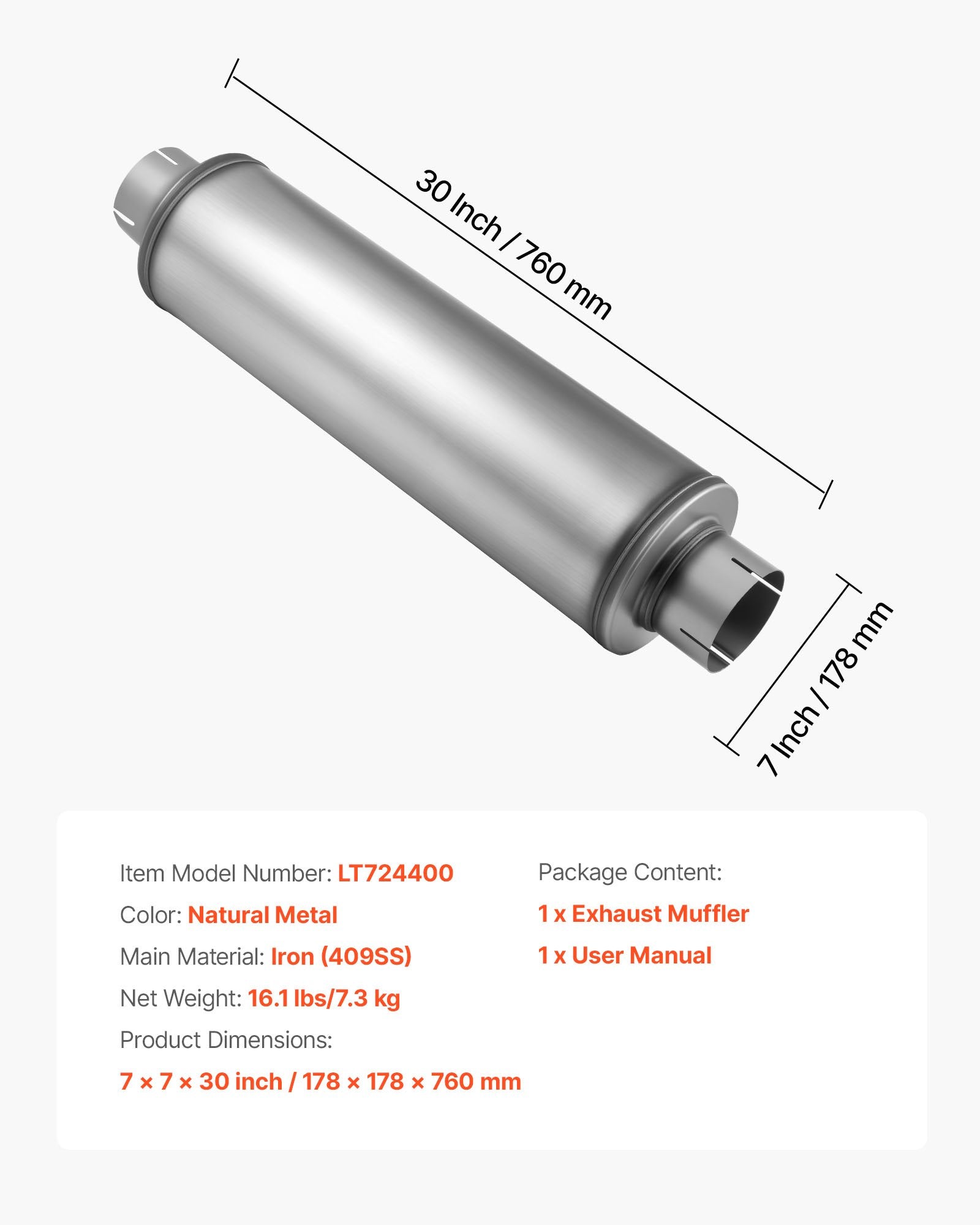 Universal Stainless Steel Exhaust Muffler with 4" Inlet/Outlet, 30" Length - High Performance for Trucks, Sedans, Sports Cars & SUVs