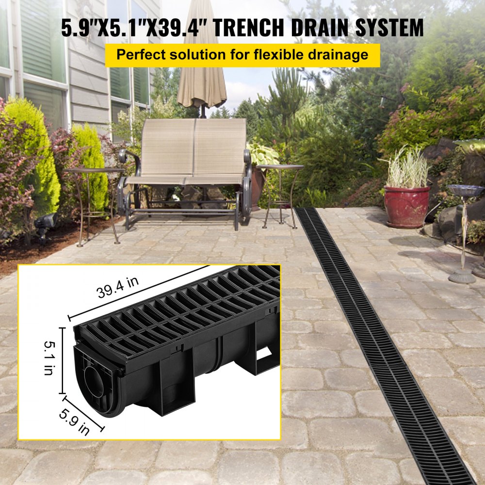 VEVOR Trench Drain System, Channel Drain with Plastic Grate, 5.8x5.2-Inch HDPE Drainage Trench, Black Plastic Garage Floor Drain, 6x39" Trench Drain Grate, With 6 End Caps, For Garden, Driveway-6 Pack