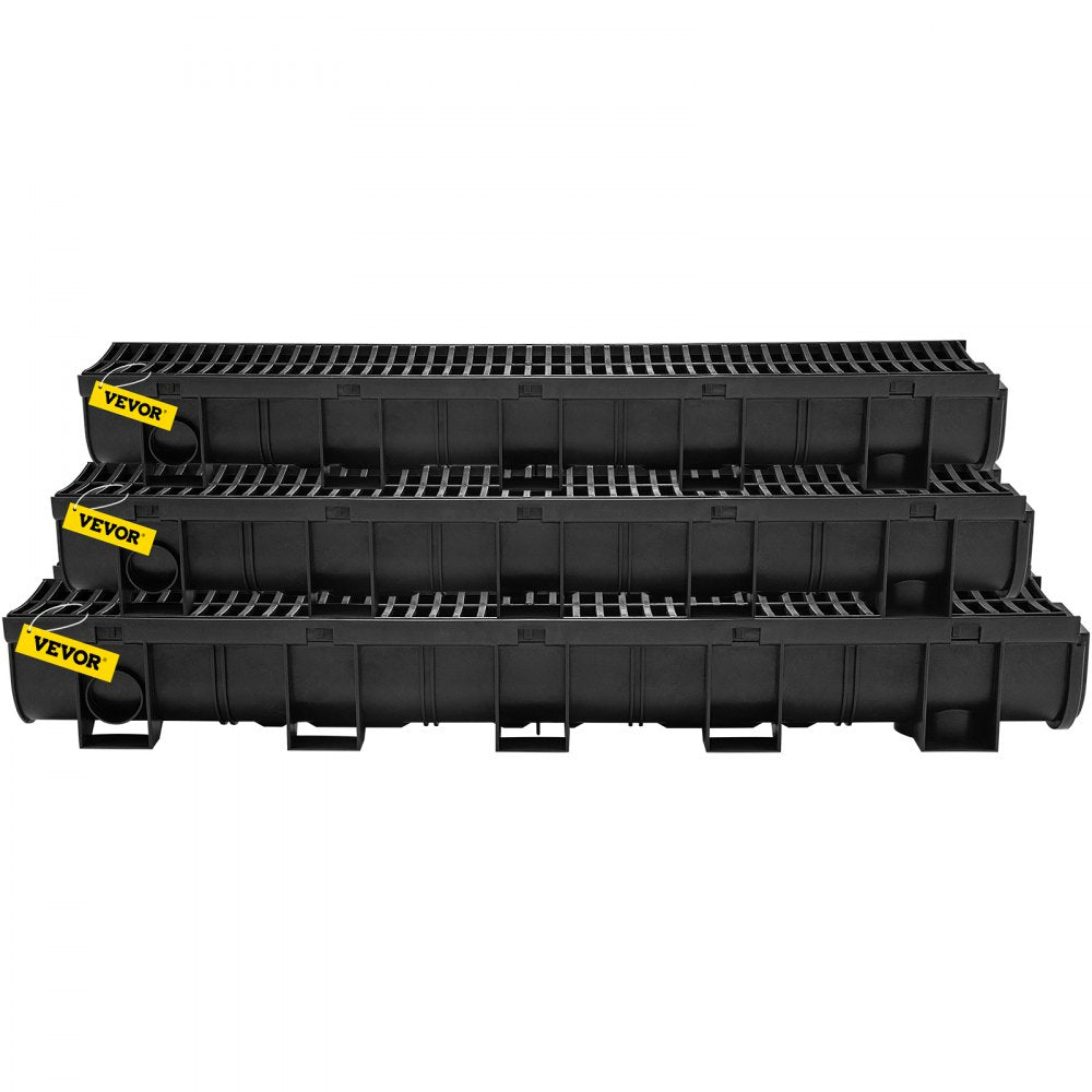 VEVOR Trench Drain System, Channel Drain with Plastic Grate, 5.8x5.2-Inch HDPE Drainage Trench, Black Plastic Garage Floor Drain, 6x39" Trench Drain Grate, With 6 End Caps, For Garden, Driveway-6 Pack