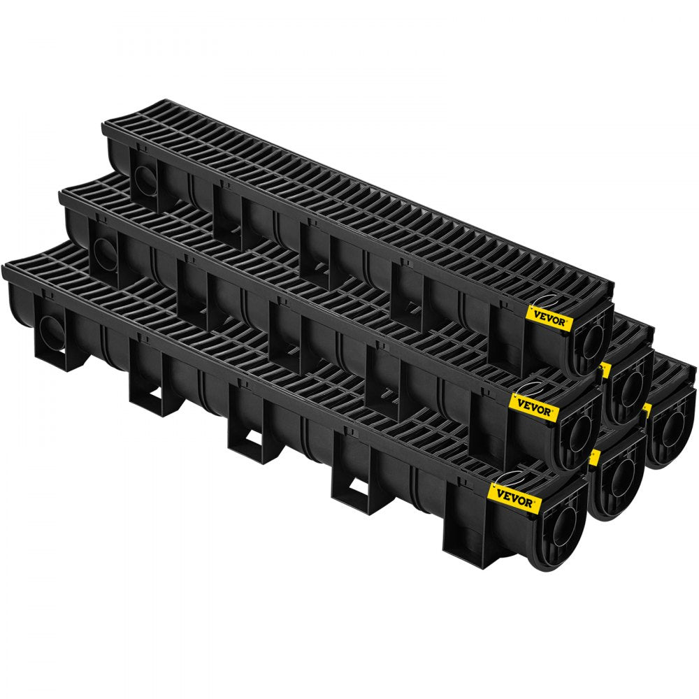 VEVOR Trench Drain System, Channel Drain with Plastic Grate, 5.8x5.2-Inch HDPE Drainage Trench, Black Plastic Garage Floor Drain, 6x39" Trench Drain Grate, With 6 End Caps, For Garden, Driveway-6 Pack