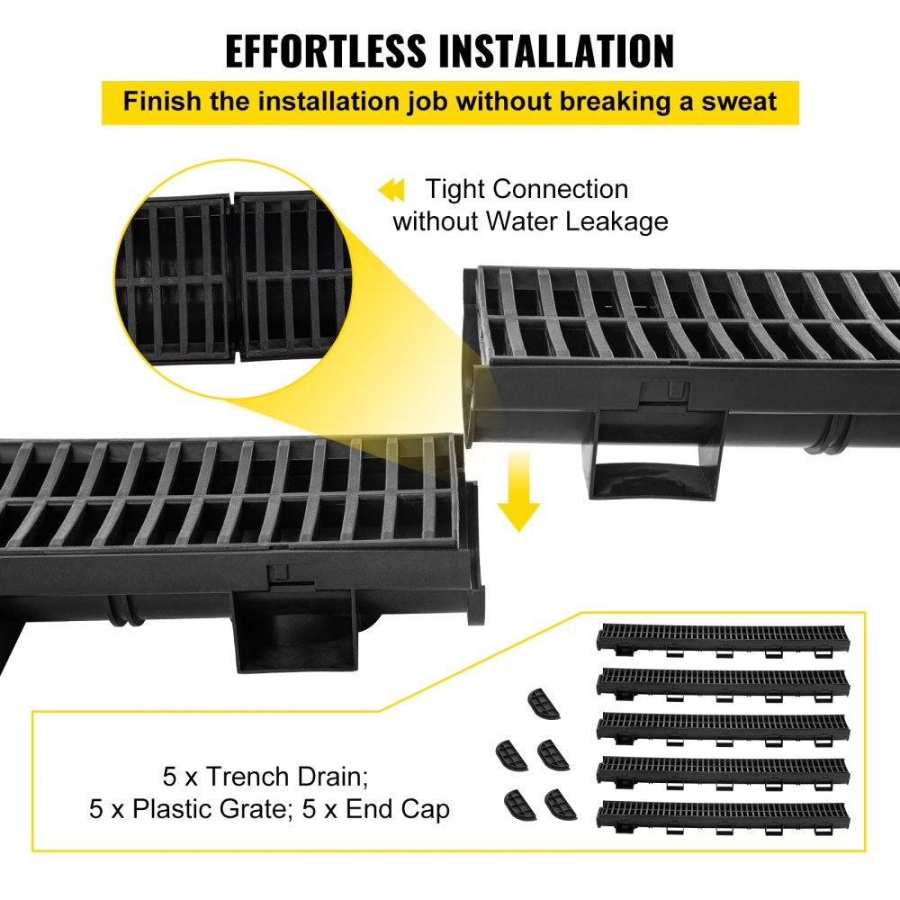 VEVOR Trench Drain System, Channel Drain with Plastic Grate, 5.8x3.1-Inch HDPE Drainage Trench, Black Plastic Garage Floor Drain, 5x39" Trench Drain Grate, With 5 End Caps, For Garden, Driveway-5 Pack