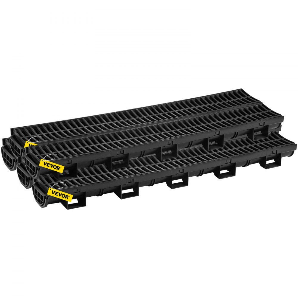 VEVOR Trench Drain System, Channel Drain with Plastic Grate, 5.8x3.1-Inch HDPE Drainage Trench, Black Plastic Garage Floor Drain, 5x39" Trench Drain Grate, With 5 End Caps, For Garden, Driveway-5 Pack