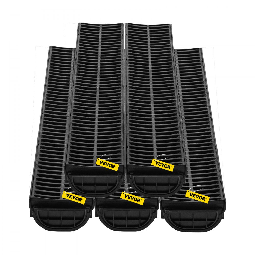 VEVOR Trench Drain System, Channel Drain with Plastic Grate, 5.8x3.1-Inch HDPE Drainage Trench, Black Plastic Garage Floor Drain, 5x39" Trench Drain Grate, With 5 End Caps, For Garden, Driveway-5 Pack