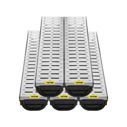 VEVOR Trench Drain System, Channel Drain with Metal Grate, 5.8x3.1-Inch HDPE Drainage Trench, Black Plastic Garage Floor Drain, 5x39" Trench Drain Grate, With 5 End Caps, For Garden, Driveway-5 Pack