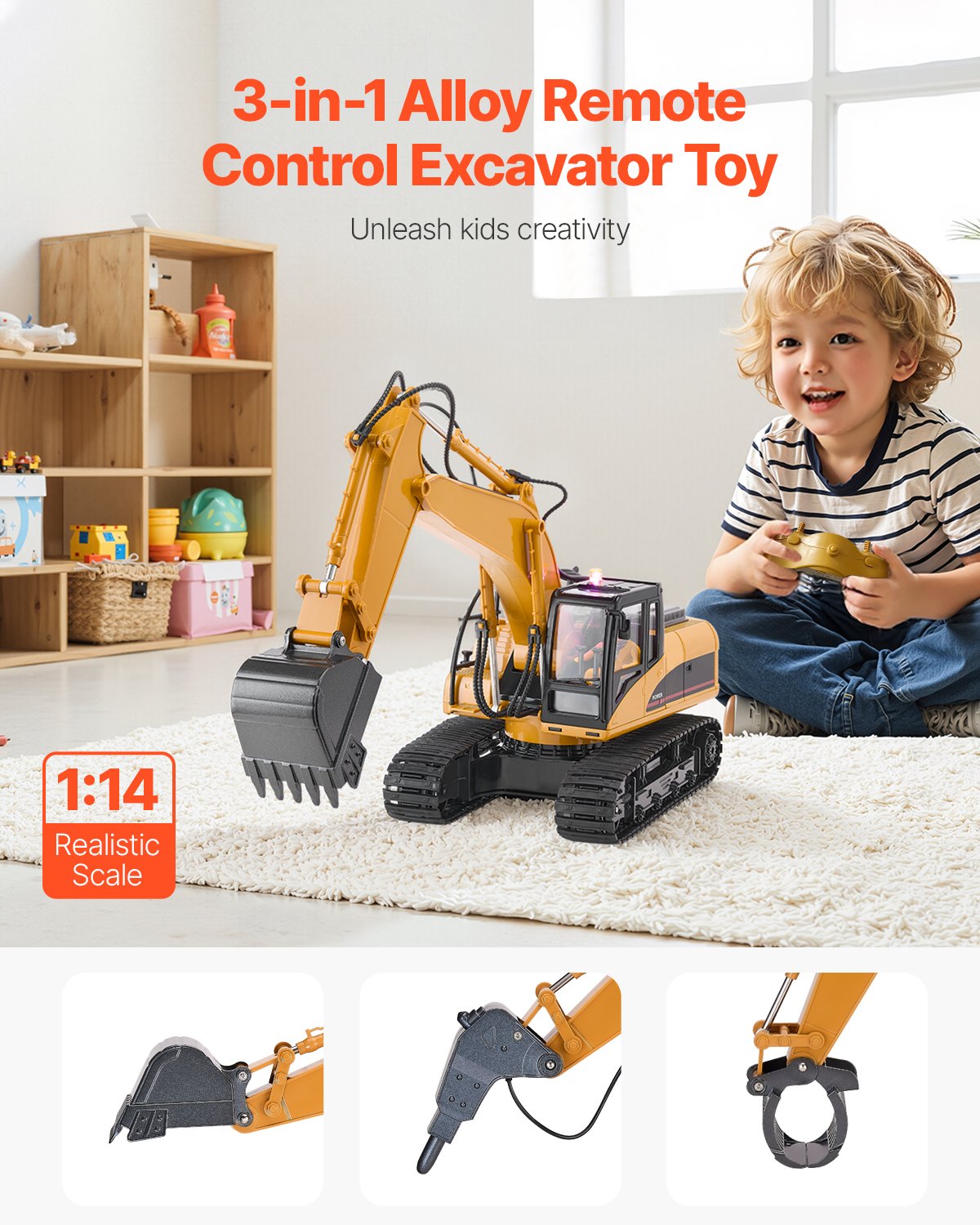 Advanced 15-Channel 3-in-1 Remote Control Excavator Toy with Metal Shovel, 1:14 Scale RC Digger, Light & Sound, Long Battery Life, Perfect Construction Gift for Kids