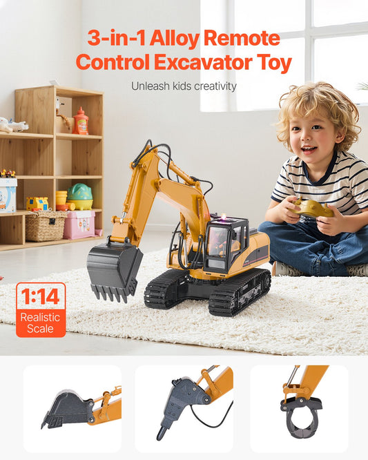 Advanced 15-Channel 3-in-1 Remote Control Excavator Toy with Metal Shovel, 1:14 Scale RC Digger, Light & Sound, Long Battery Life, Perfect Construction Gift for Kids