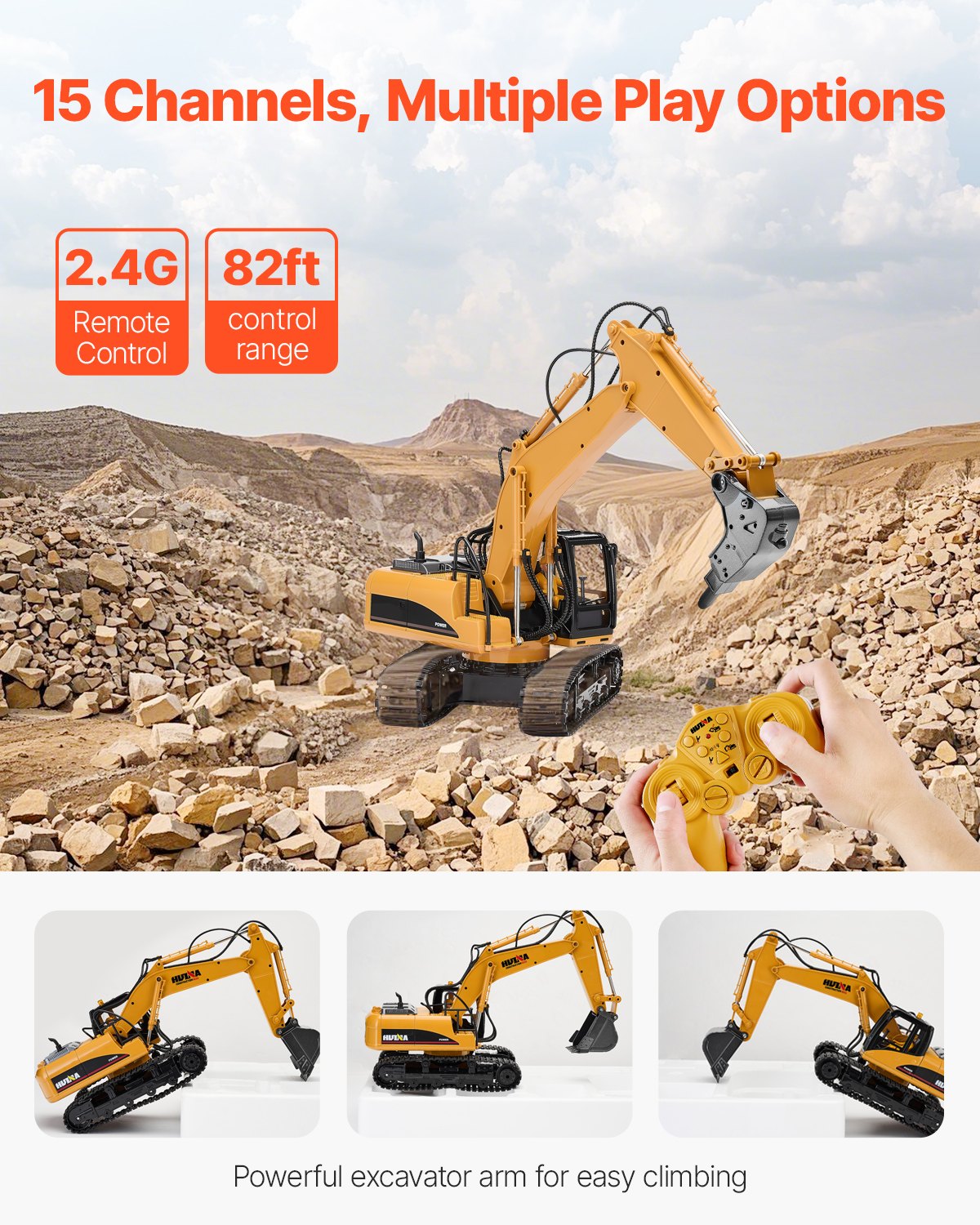 Advanced 15-Channel 3-in-1 Remote Control Excavator Toy with Metal Shovel, 1:14 Scale RC Digger, Light & Sound, Long Battery Life, Perfect Construction Gift for Kids