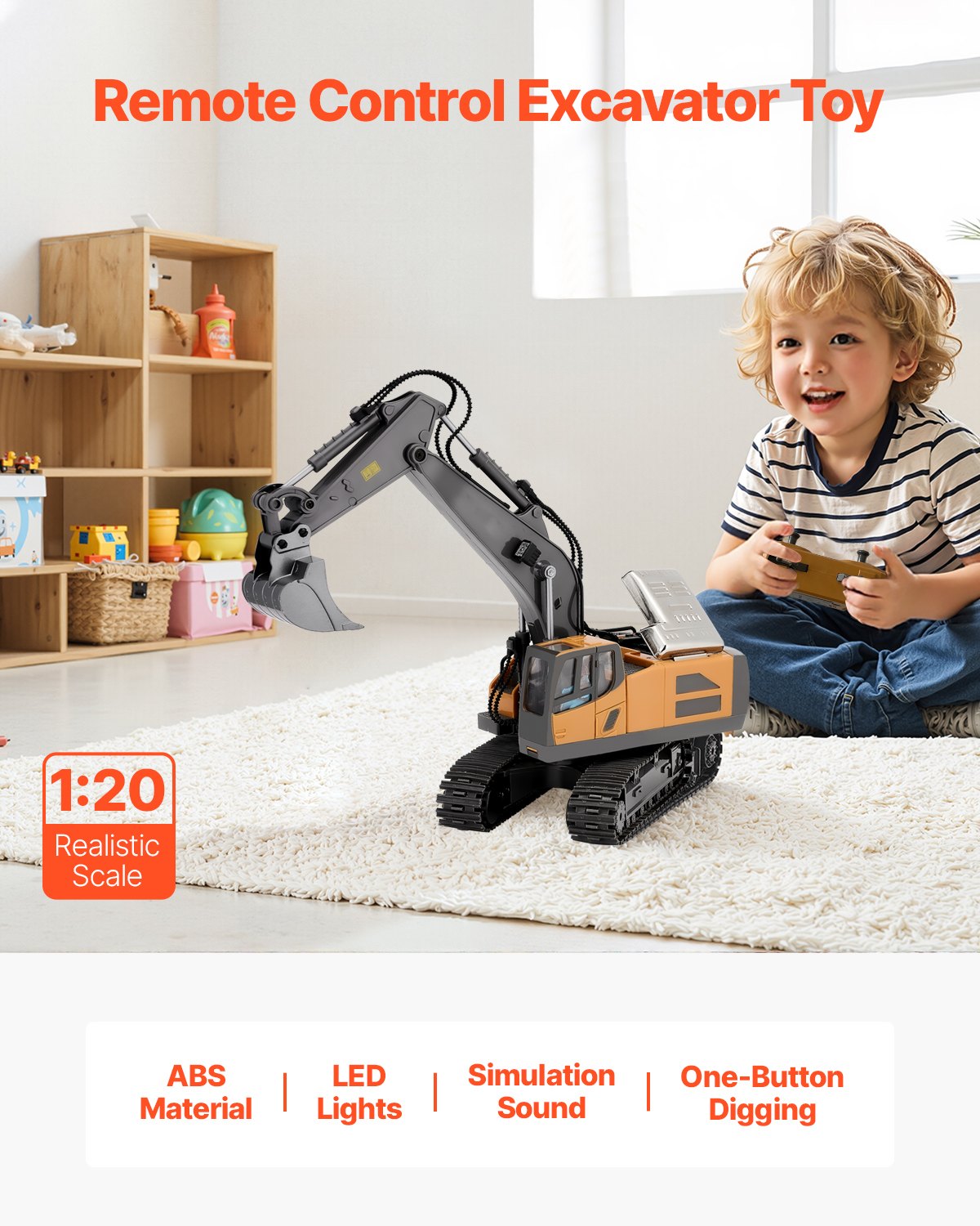 11 Channel Remote Control Excavator Toy, 1:20 Scale RC Digger with Lights & Sounds, Full Functional Construction Vehicle for Kids, Durable ABS, Long Battery Life, Perfect Birthday Gift with Wear-Resistant Tracks, 2 Lithium Batteries Included
