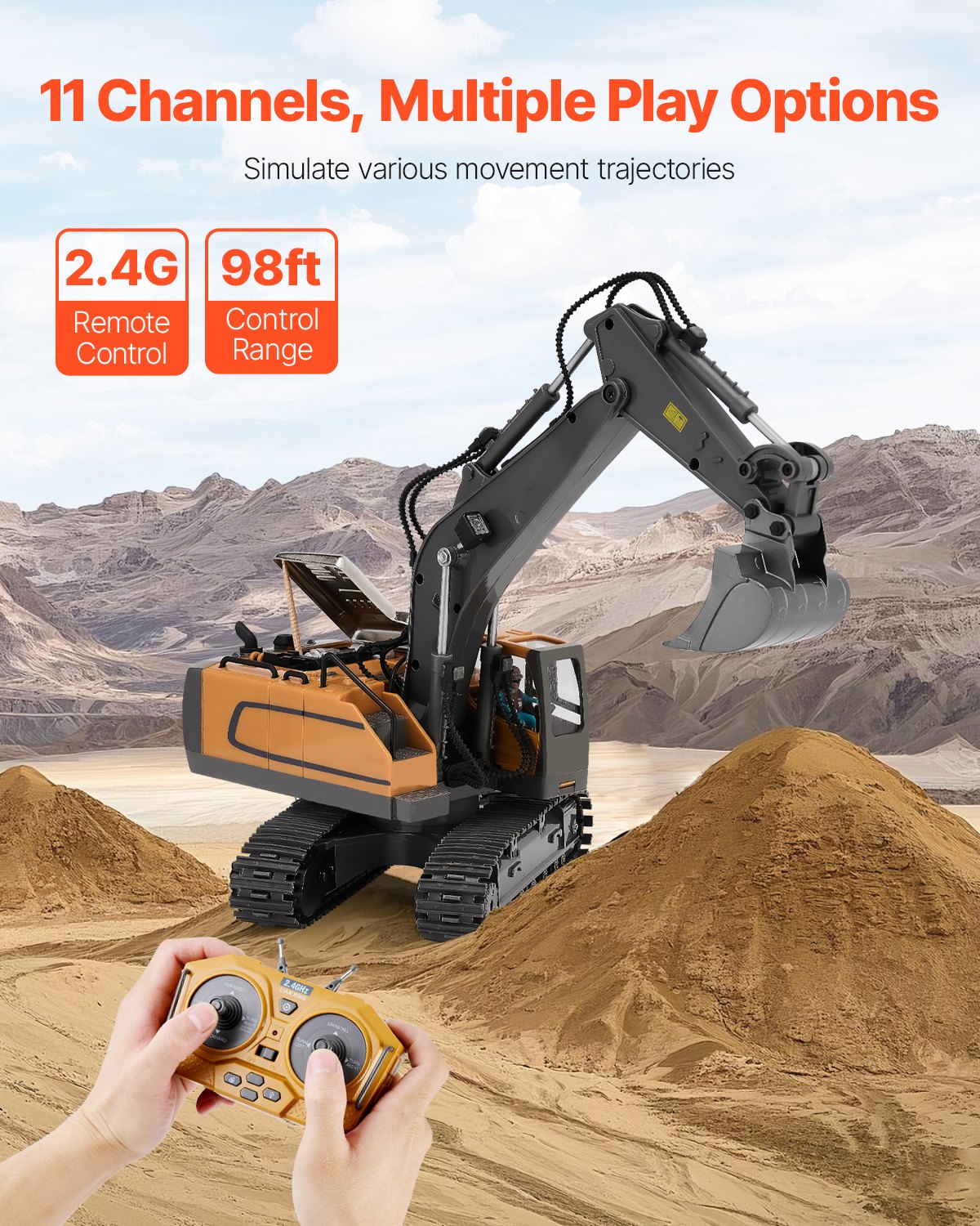 11 Channel Remote Control Excavator Toy, 1:20 Scale RC Digger with Lights & Sounds, Full Functional Construction Vehicle for Kids, Durable ABS, Long Battery Life, Perfect Birthday Gift with Wear-Resistant Tracks, 2 Lithium Batteries Included
